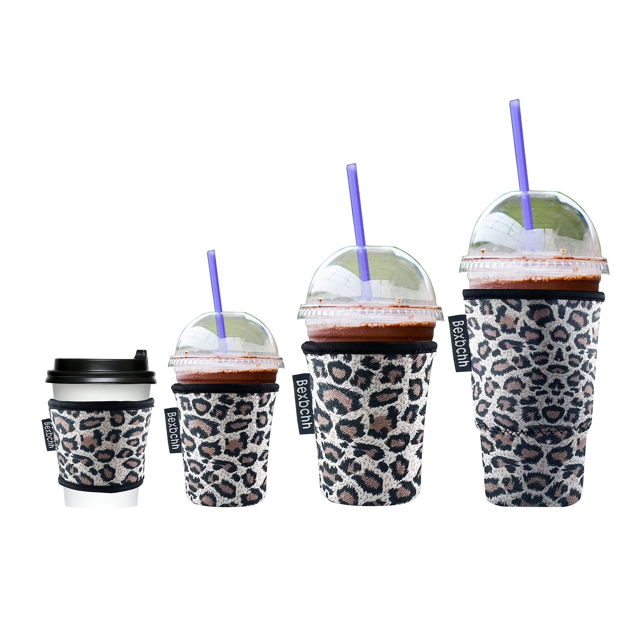 Bexbchh 4 Pack Reusable Iced Coffee Sleeves - Insulator Sleeve for Cold Beverages, Neoprene Cup Holder - Starbucks Coffee sleeve, McDonalds Coffee sleeve, Dunkin Coffee sleeve，More (Leopard 2)