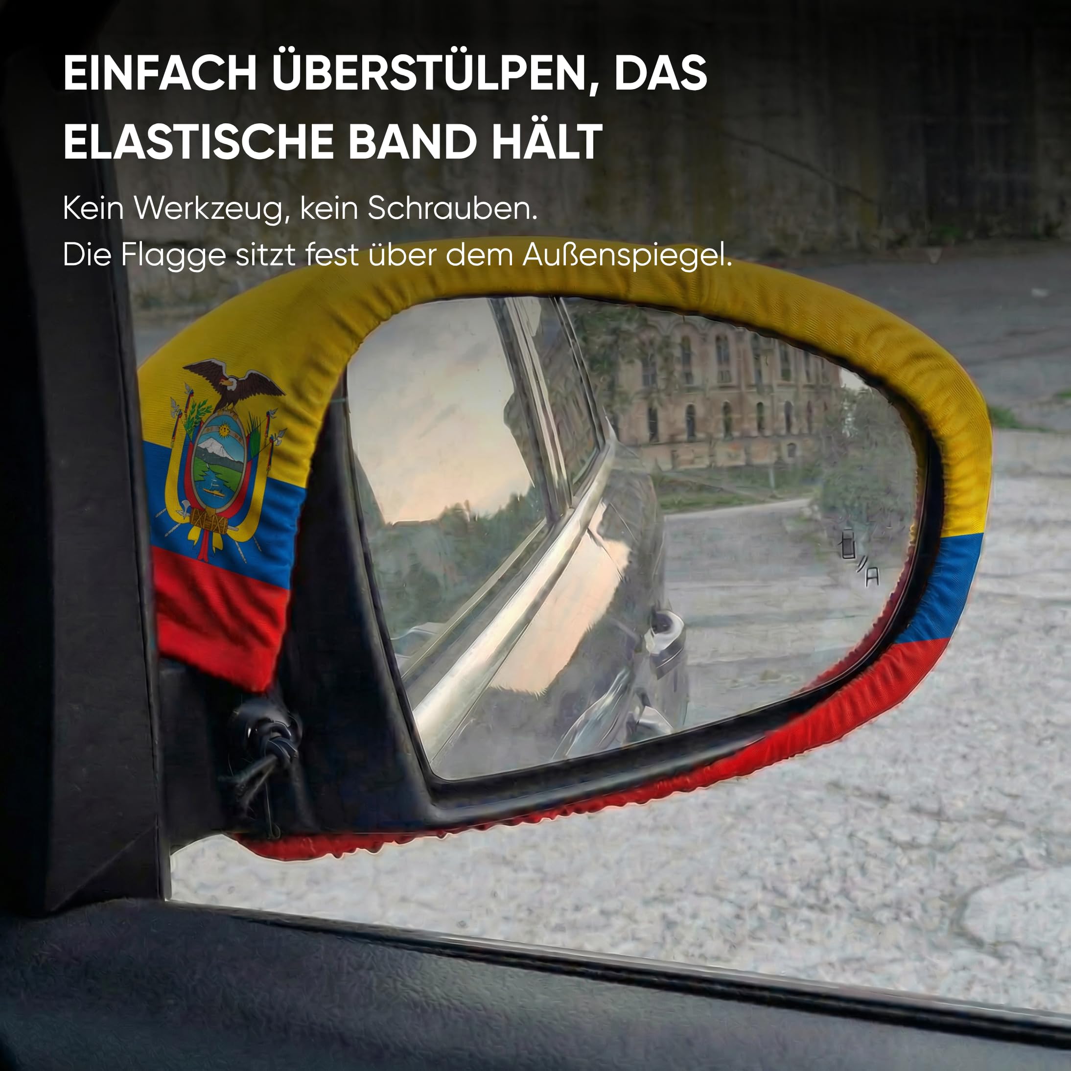 Auto Fahnen Ecuador Komplett Set - Motorhaubenfahne, 2 Autofahnen Fenster & 2 Außenspiegelfahnen, Fußball Fanartikel FZG für EM & WM, Ecuadorianische Flagge Fahrzeug Deko