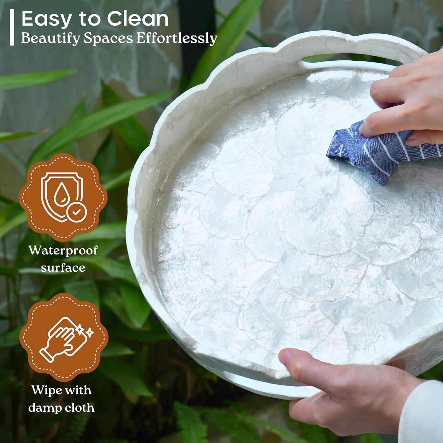 Chi An Home 12.6” White Capiz Shell Round Decorative Tray with Handles, Scalloped Centerpiece for Coffee Table, Decorative Round Tray for Modern Coastal Boho Home Decor