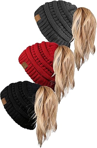 Miniatura 9 de Funky Junque Womens 3 Pack Ponytail Messy Bun BeanieTail Beanie Solid Ribbed Hat Cap