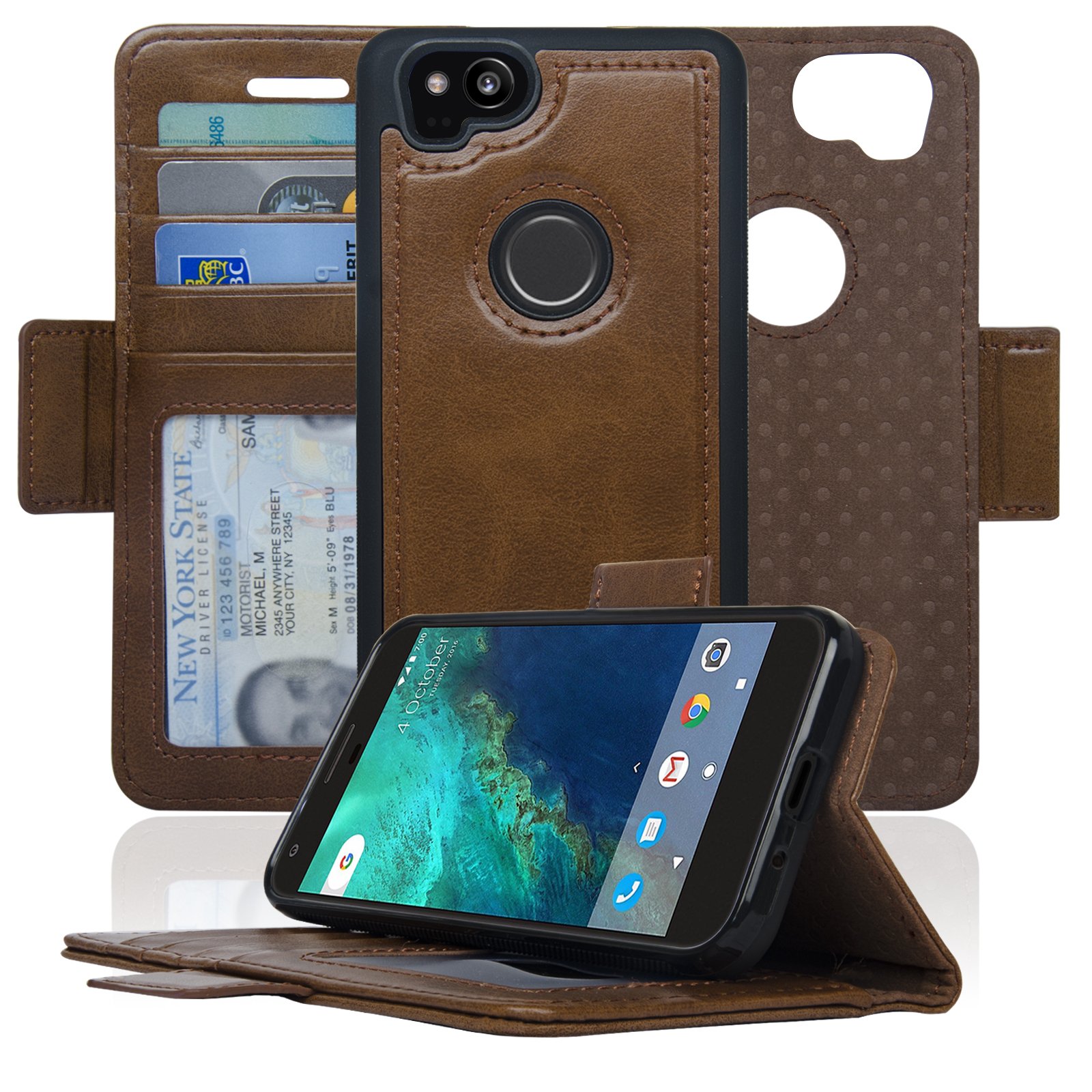 Navor Detachable Magnetic Wallet Case for Google Pixel 2 [RFID Protection] [Logo Hole] [Vajio Series]-Brown