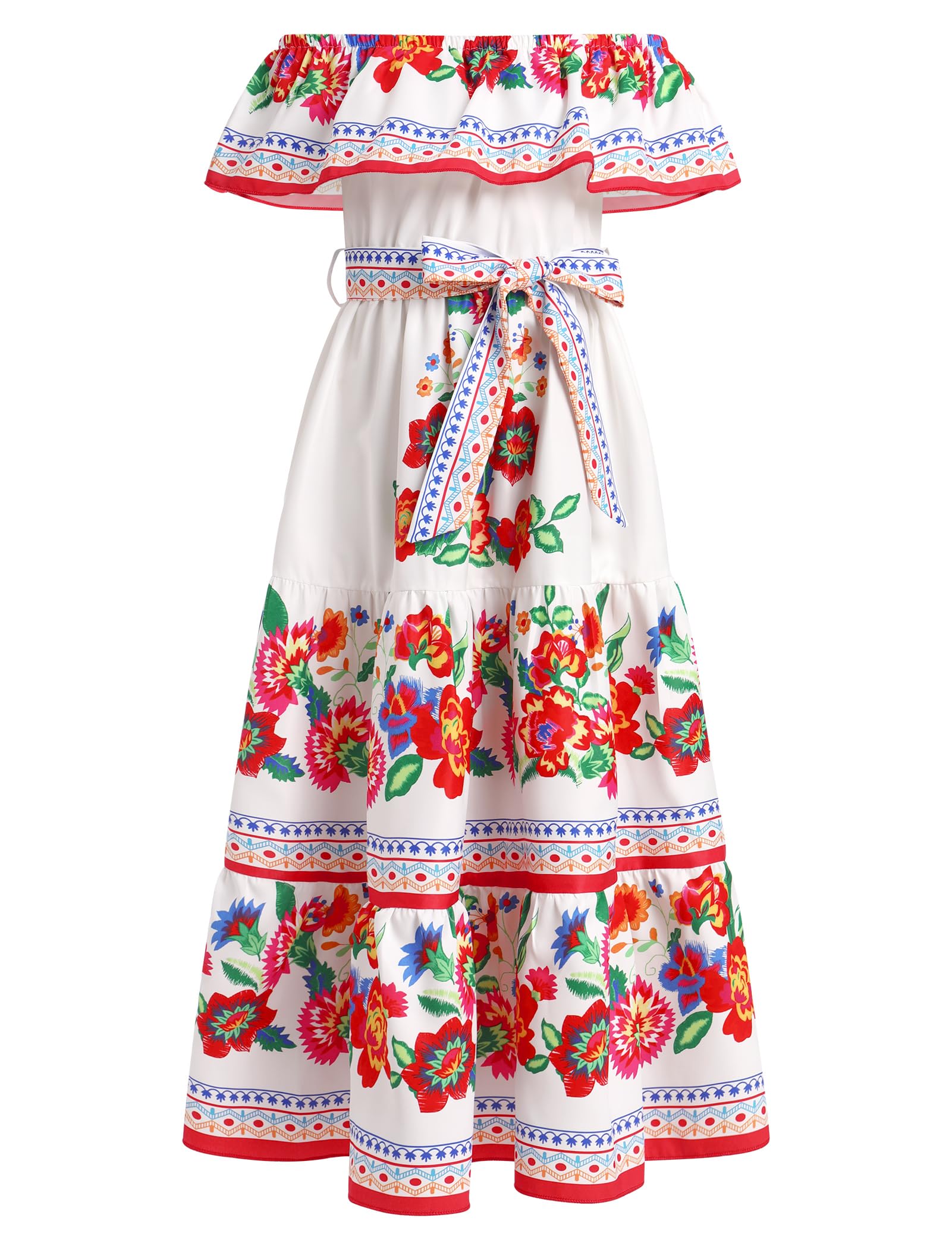 Vestido mexicano de verano para niña, bohemio, floral, vestido de drapeado, vestido tradicional cinco de mayo, fiesta, folklórico, bohemio, fiesta de cumpleaños, vestidos largos con cinturón