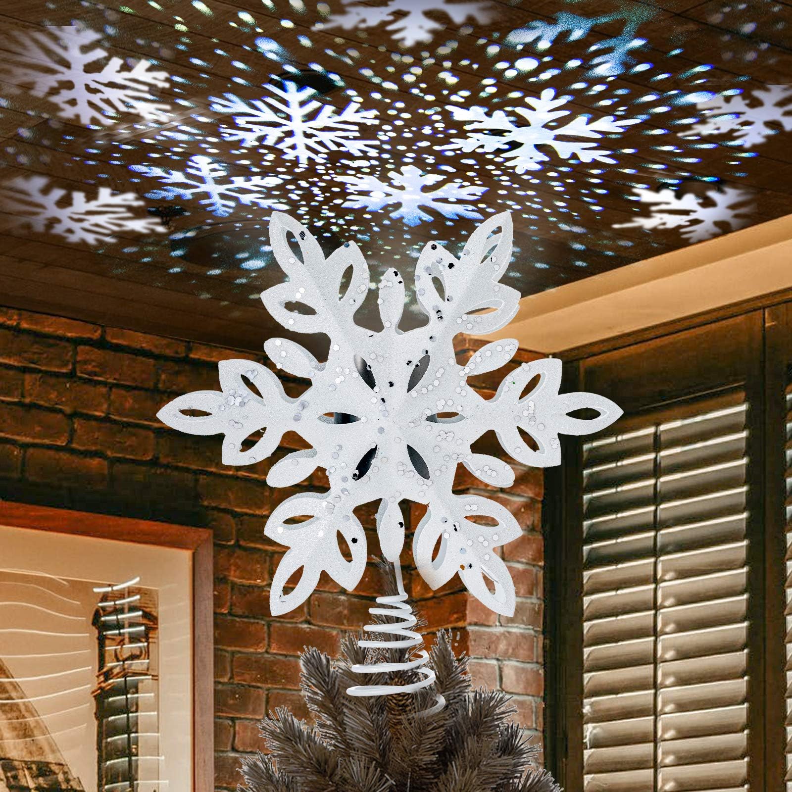 YEAHOME Snowflake Christmas Tree Topper, Lighted Christmas Tree Topper Snowwhite Christmas Treetop with Snowflake Projector Lights for Christmas Tree Decorations