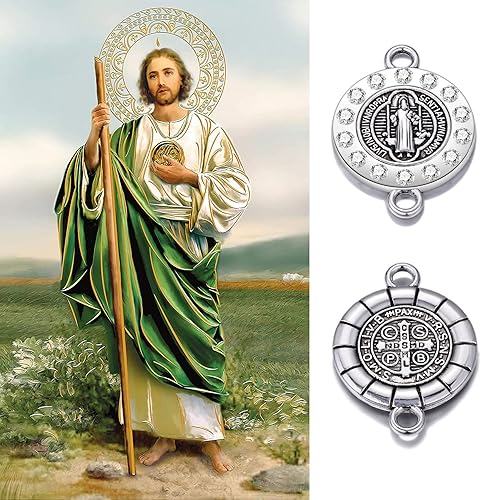 Miniatura 3 de 20 piezas de diamantes de imitación de plata antigua para uso religioso de San Benito Medallón de Pulsera Conector de Cuentas Redondas de Enlace de