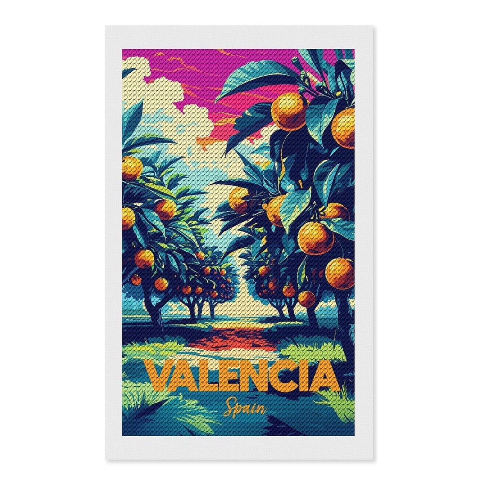 Junmoney Valencia Spain Orange Grove Art Diamond Painting Set 12"x20", Stress Relief Craft, Easy to Enjoy, Vintage Style Decor, Festive Craft Gift