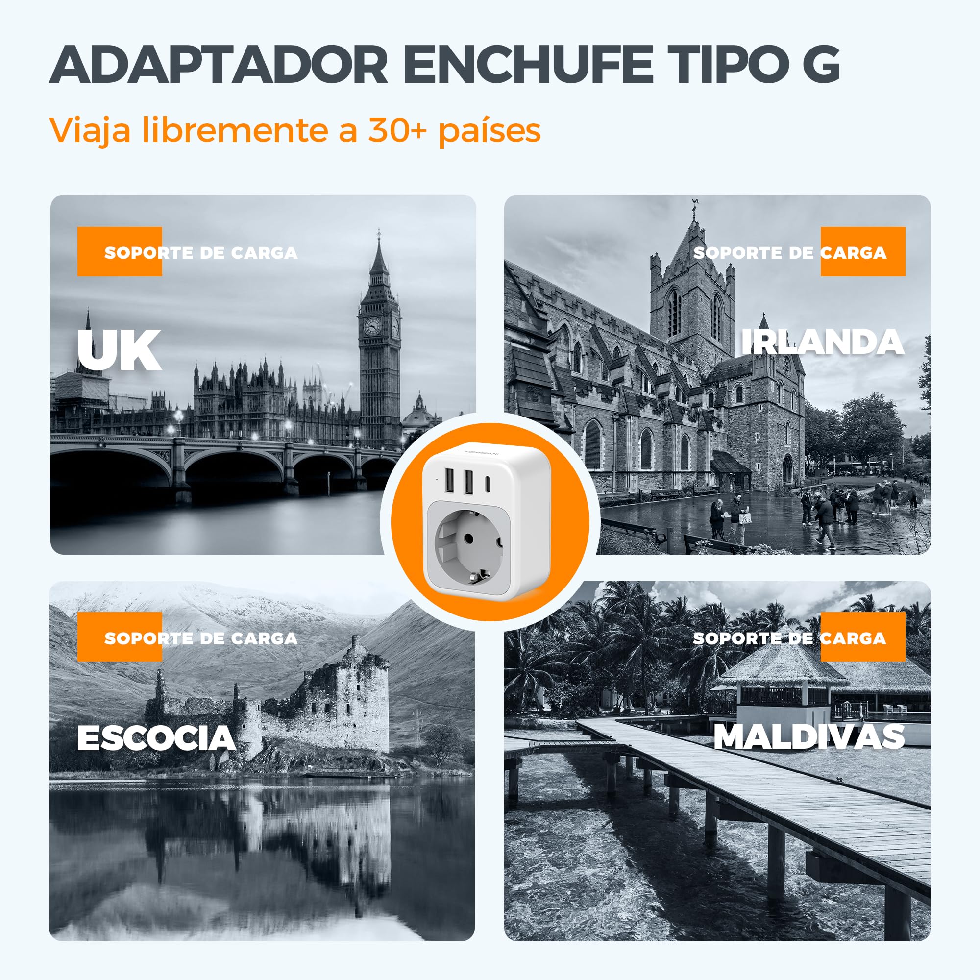 TESSAN Paquete de 2 Adaptador Enchufe UK, 4 en 1 Enchufe Tipo G con USB C y 2 USB A, Adaptador Ingles a Español 3250 W, Adapter Irlanda, EU to UK Plug Adapter para Irlanda Escocia