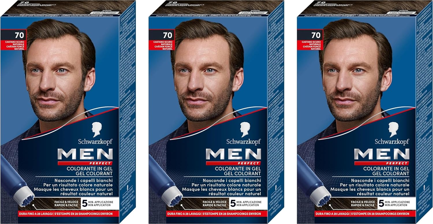 Schwarzkopf, Men Perfect, barwnik żelowy, pokrycie białych włosów, efekt naturalny, do 28 szamponów, odcień 70 naturalnych ciemnobrązowych, 3 opakowania