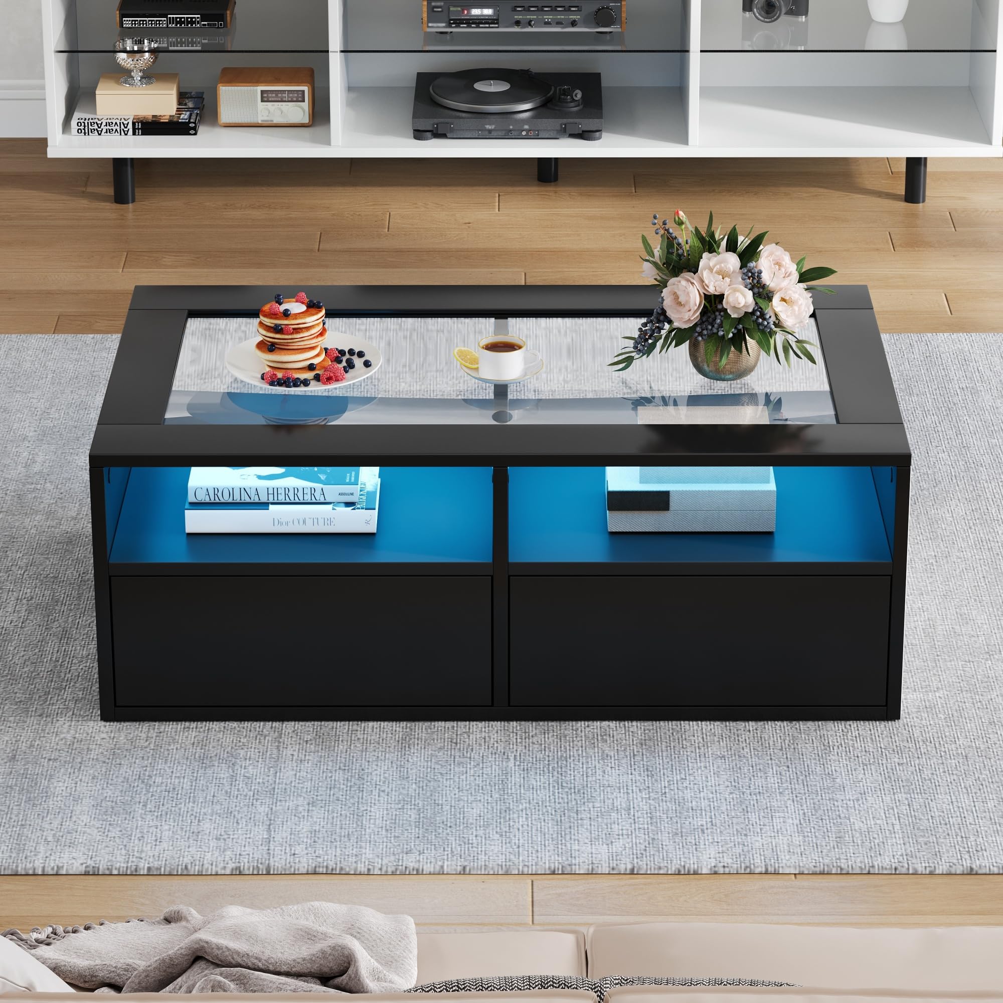 BTM Table Basse 100x50x35 cm LED, 2 Tiroirs Plateau Verre Double Couche, Rangement Ouvert Salon Noir