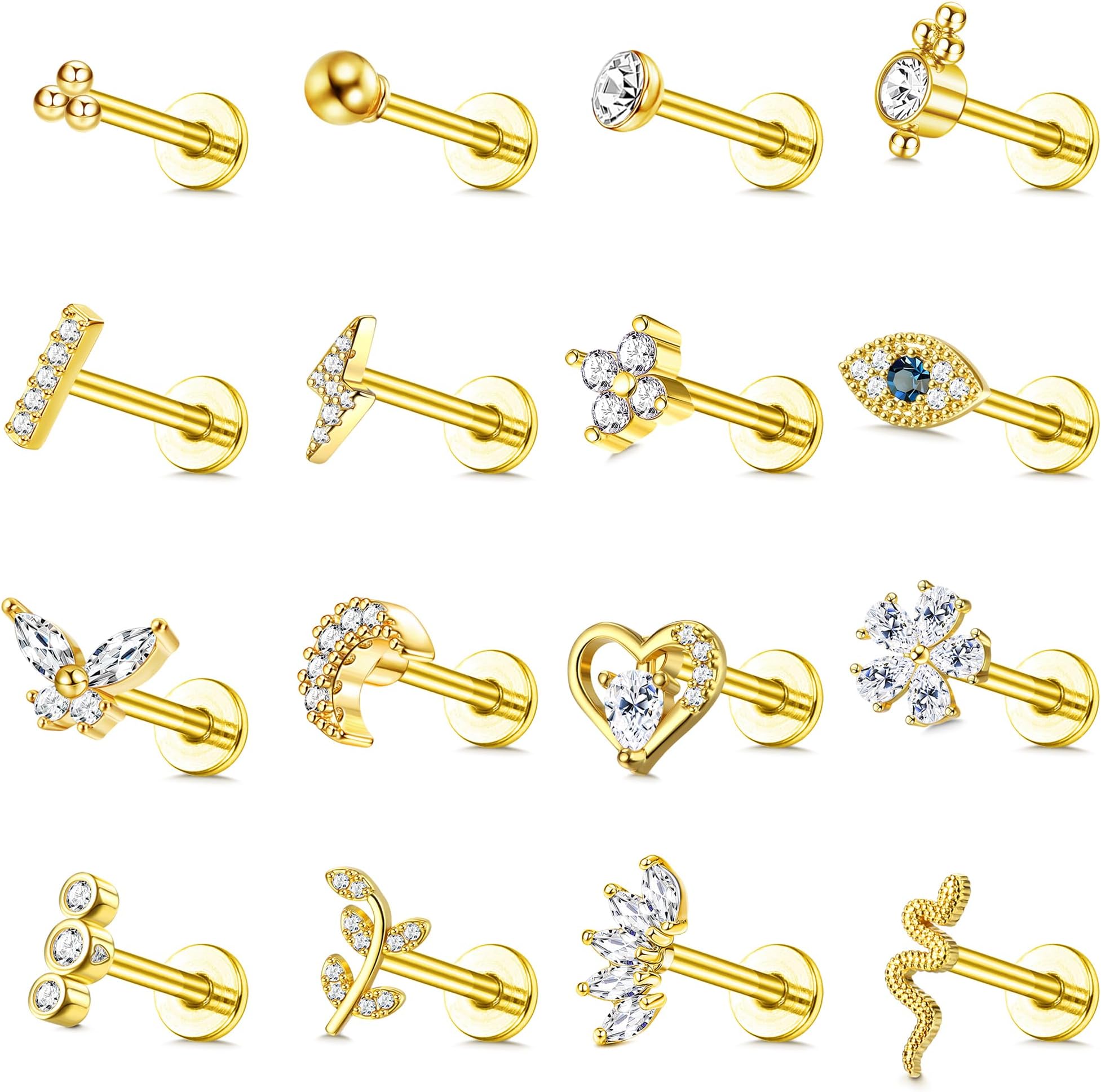 16Pcs 16G Tragus Piercing Jewelry Hypoallergenic Surgical Steel Tragus Earrings Internally Threaded Flat Back Medusa Labret Lip Monroe Conch Cartilage Stud Earrings for Women