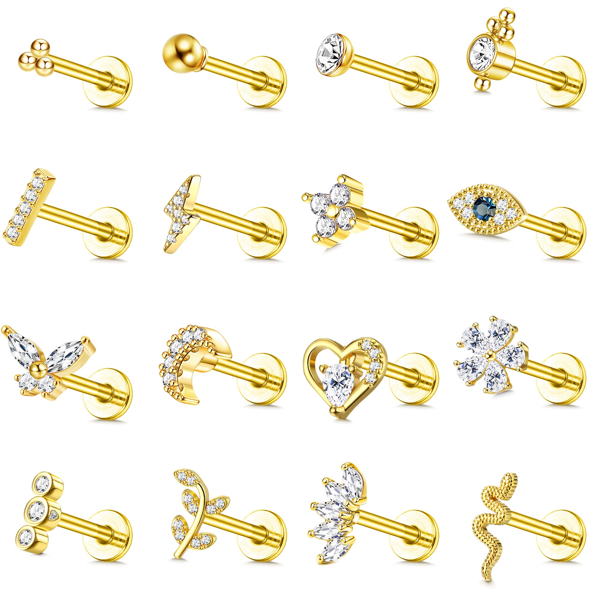 16Pcs 16G Tragus Piercing Jewelry Hypoallergenic Surgical Steel Tragus Earrings Internally Threaded Flat Back Medusa Labret Lip Monroe Conch Cartilage Stud Earrings for Women