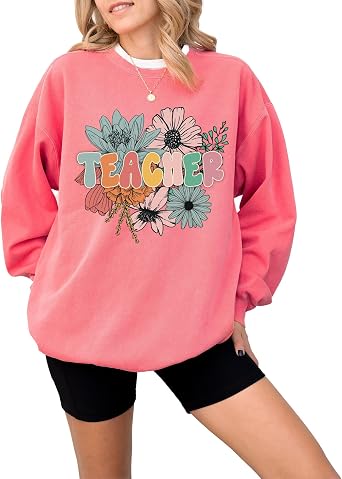 Teacher Graphic Sweatshirt for Men, Women, Unisex Oversized Retro Look Pullover, 80% Cotton, for Teachers