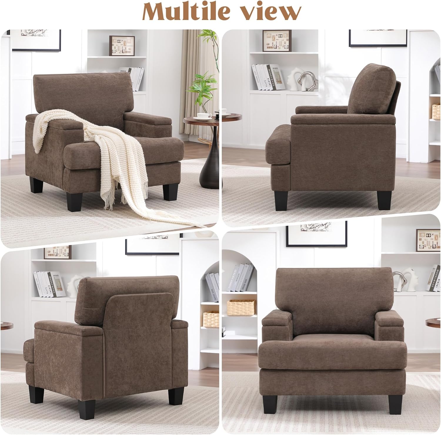 Accent Chair with Storage Armrest, Modern Upholstered Living Room Chairs, Comfy Large Armchair, Fabric Single Sofa ReadingChair for Bedroom, Dark Brown