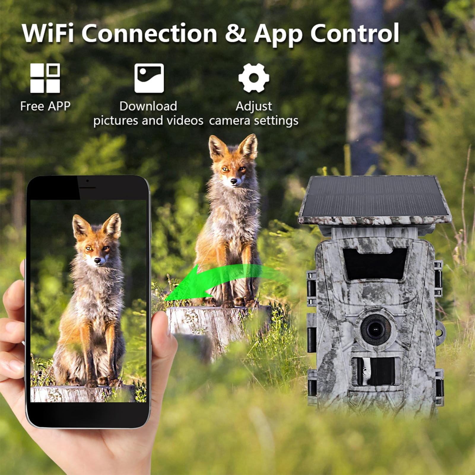 Aoresac Cámara de rastro de 60 MP con batería de 5200 mAh, gran angular de 120, WiFi, visión nocturna IP66 para monitoreo de vida silvestre, seguridad al aire con carga solar, carga tipo C