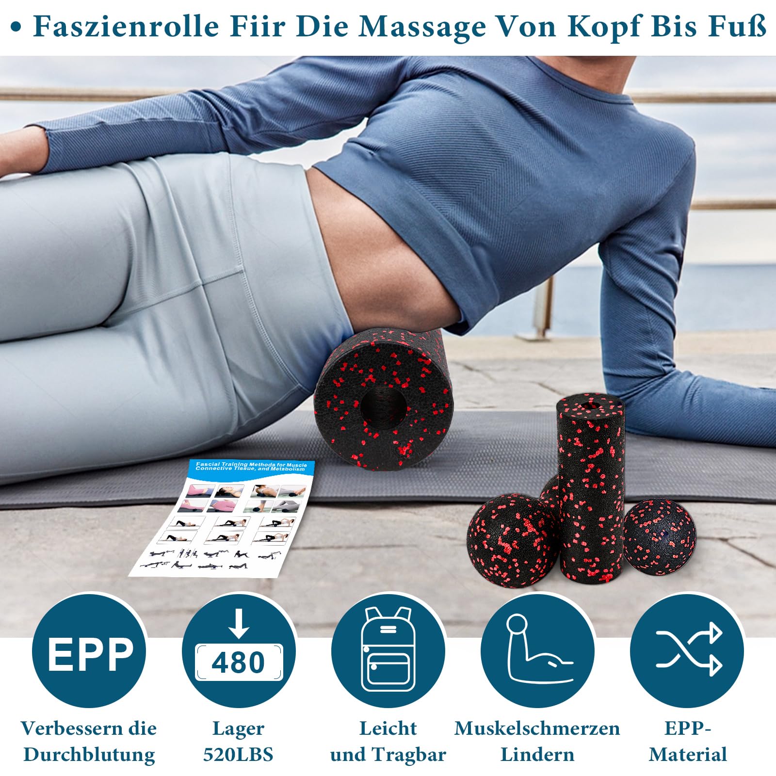 Zestaw wałków do masażu powięzi Blackroll Foam Roller zestaw z piłką do masażu powięzi, mały wałek do masażu powięzi, mały i podwójna piłka, do jogi, powięzi, treningu mięśni, czerwony