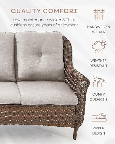 Miniatura 4 de Sofá de mimbre para patio, sofá de mimbre para exteriores, resistente para todo tipo de clima, sofás para 2 personas con respaldo alto y cómodos