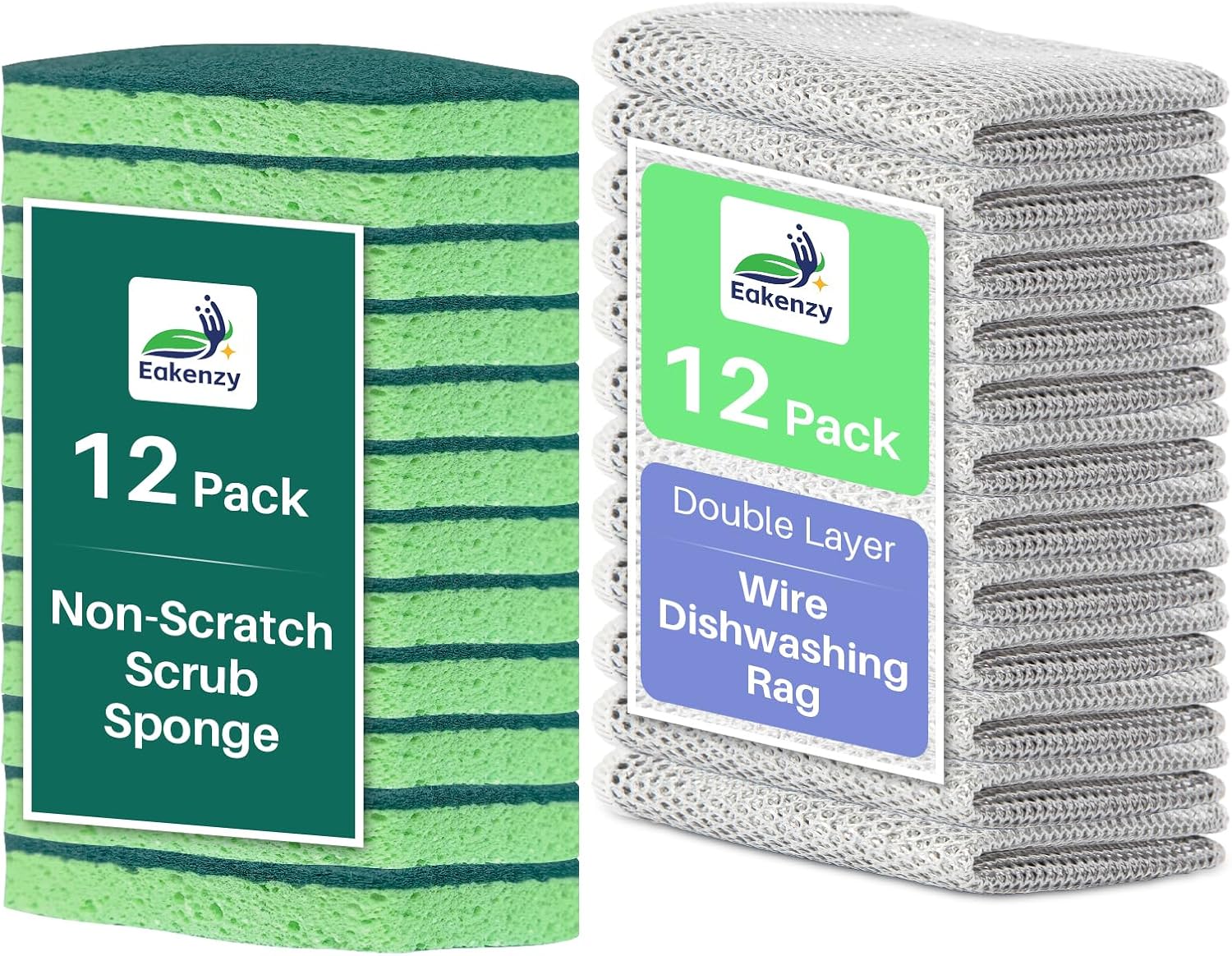 12 Pack Non-Scratch Dish Sponges and 12 Pack Wire Dishwashing Rags Set, Gentle Scrub Sponges and Reusable Non-Scratch Wire Dishcloth for Kitchen, Bathroom, and Household Cleaning