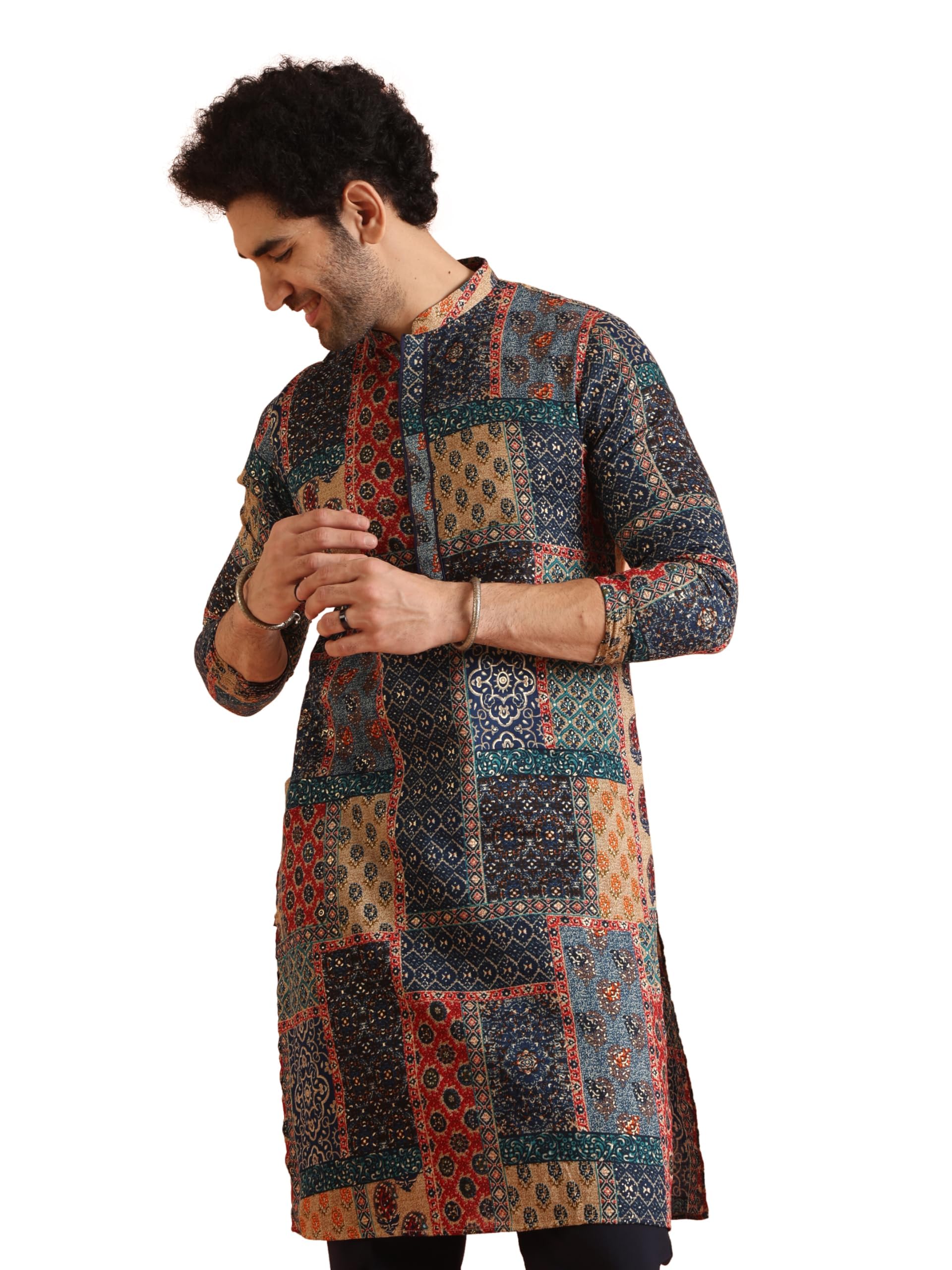 Men's Maroon Printed Cotton Kurta – Regular Fit Long Tunic with Mandarin Collar | Ethnic Wear for Weddings & Festive Occasions