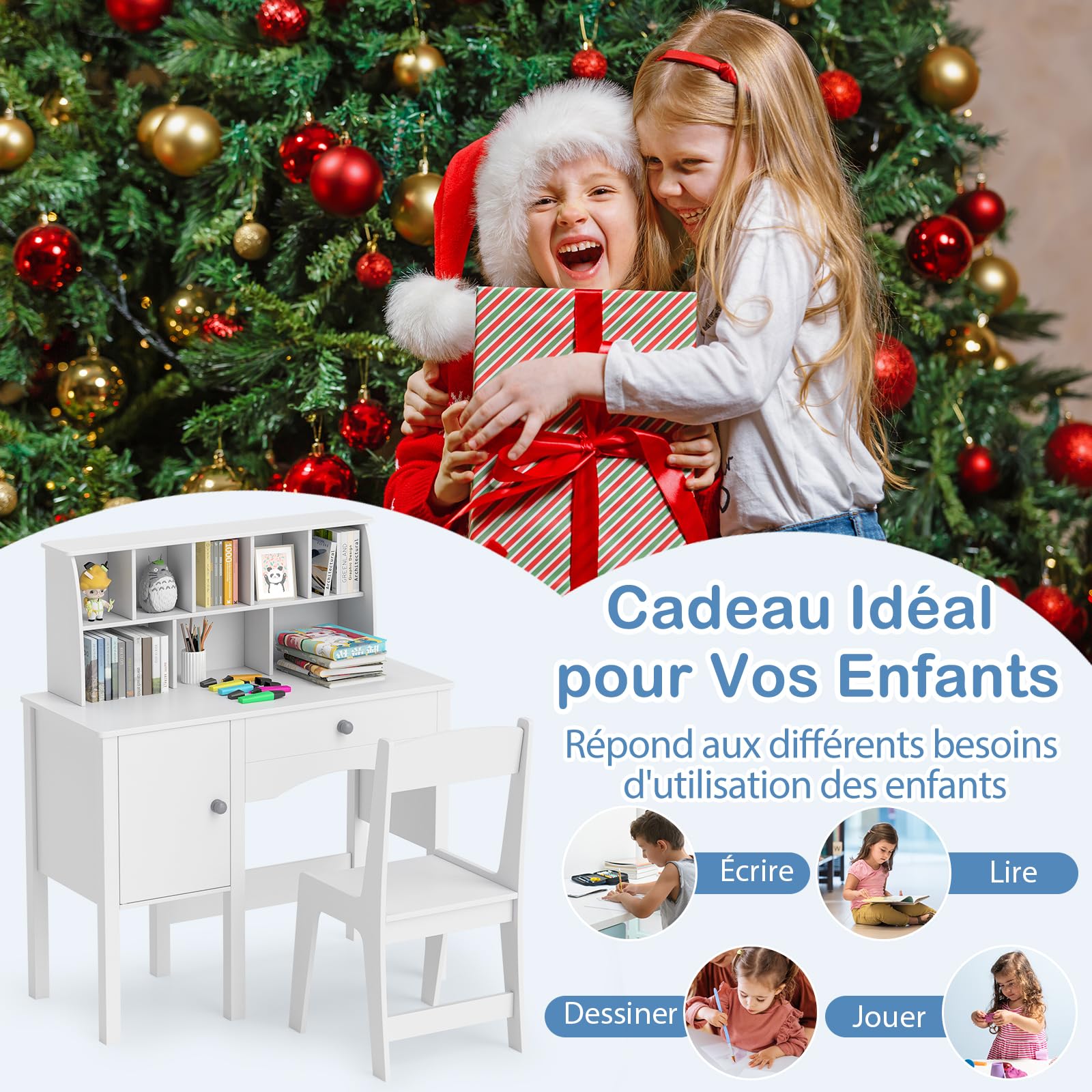 DREAMADE Bureau Enfant avec Chaise Ergonomique, Table d'Activités, Armoire, Tiroir, Blanc 79x34x91CM