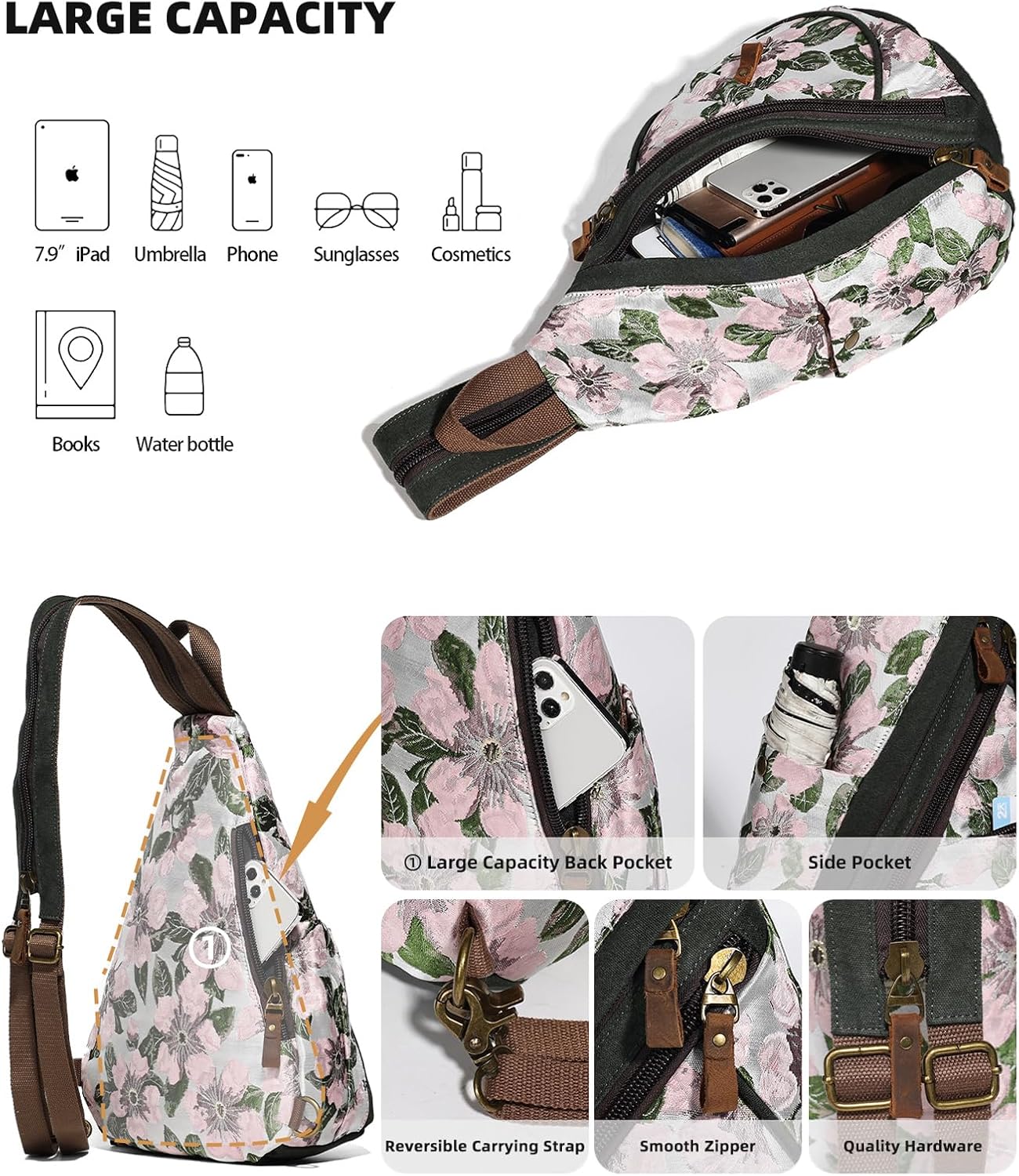 KL928 Canvas Sling Bag - Small Crossbody Backpack Shoulder Casual Daypack Rucksack for Men Women(Embroidery Pink) - Image 4