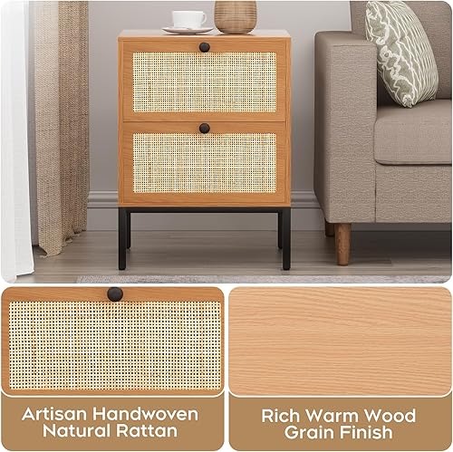 Miniatura 4 de Yechen Juego de 2 mesitas de noche de ratán, mesa de noche bohemia con 2 cajones decorados de ratán natural, mesita de noche pequeña de granja para