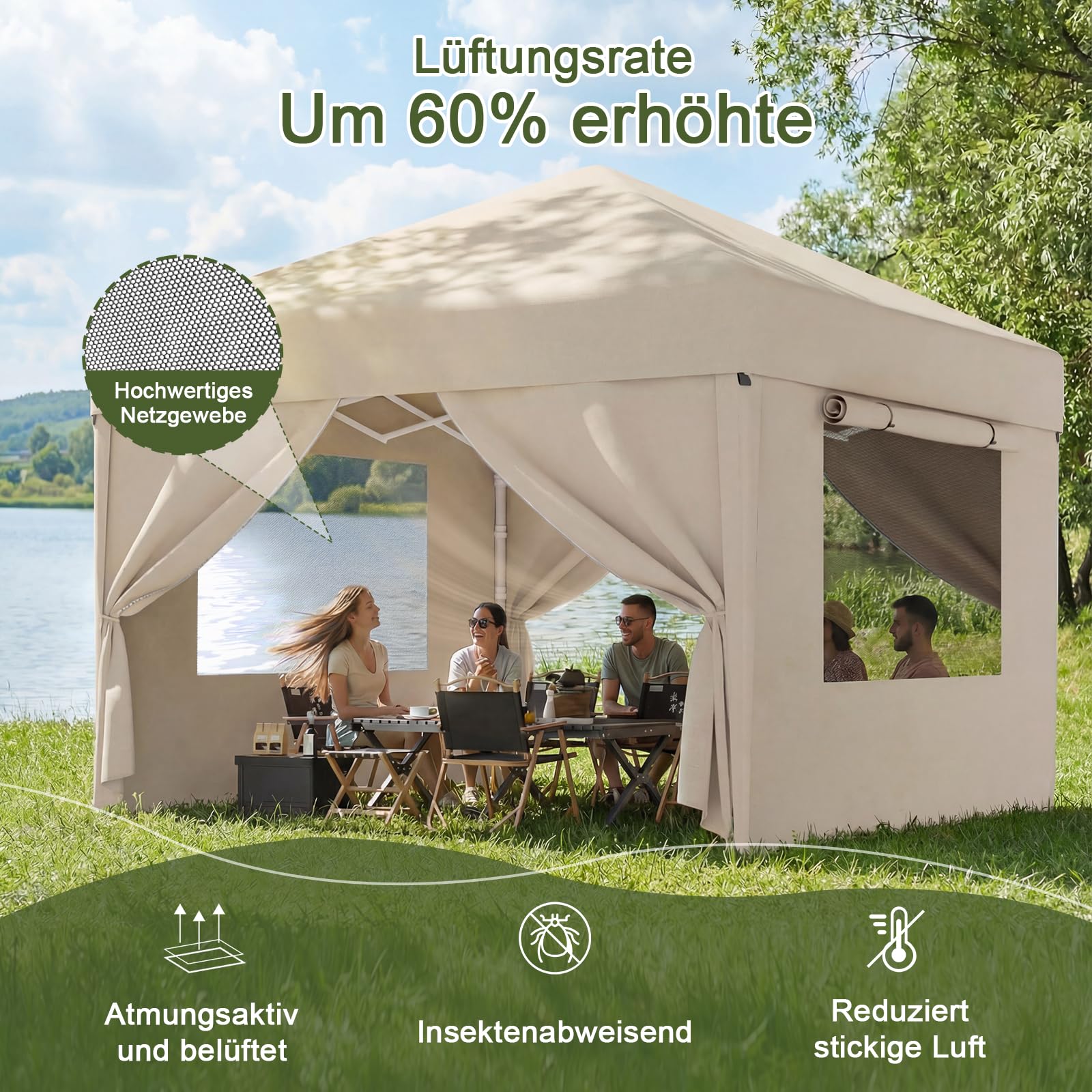 JUMMICO 3x3m Faltpavillon mit Insektenschutz & Belüftung｜Rollos + Lüftungsfenster｜1-Minuten Schnellaufbau｜10cm höhere Dachfläche,Beige