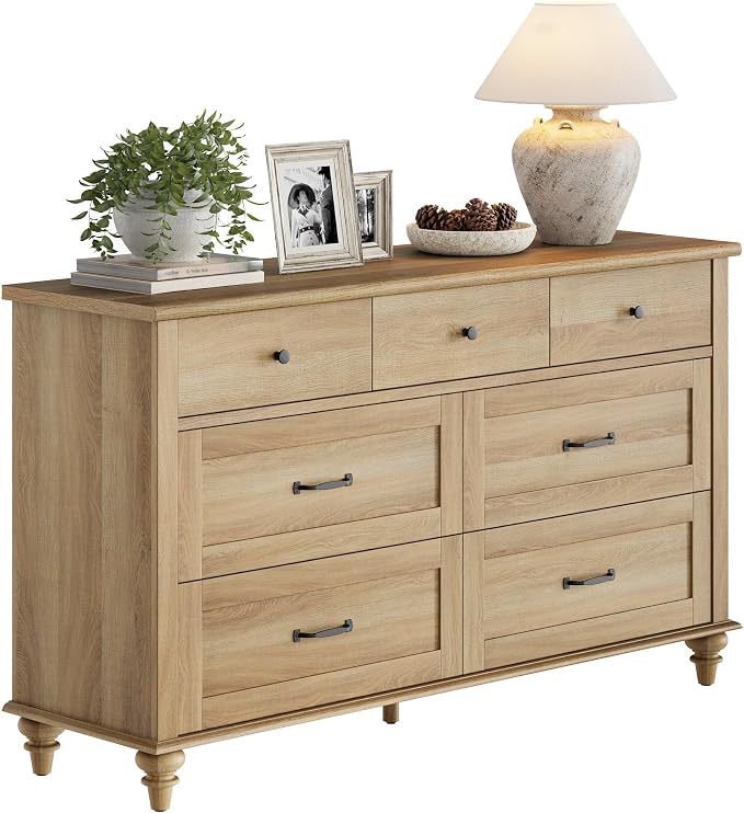 WAMPAT Dresser TV Stand for 65 Inch TV, Farmhouse TV Console Table Entertainment Stand with 7 Drawers, Wooden Media Storage Dresser for Living Room Bedroom, Oak, 54 Inch