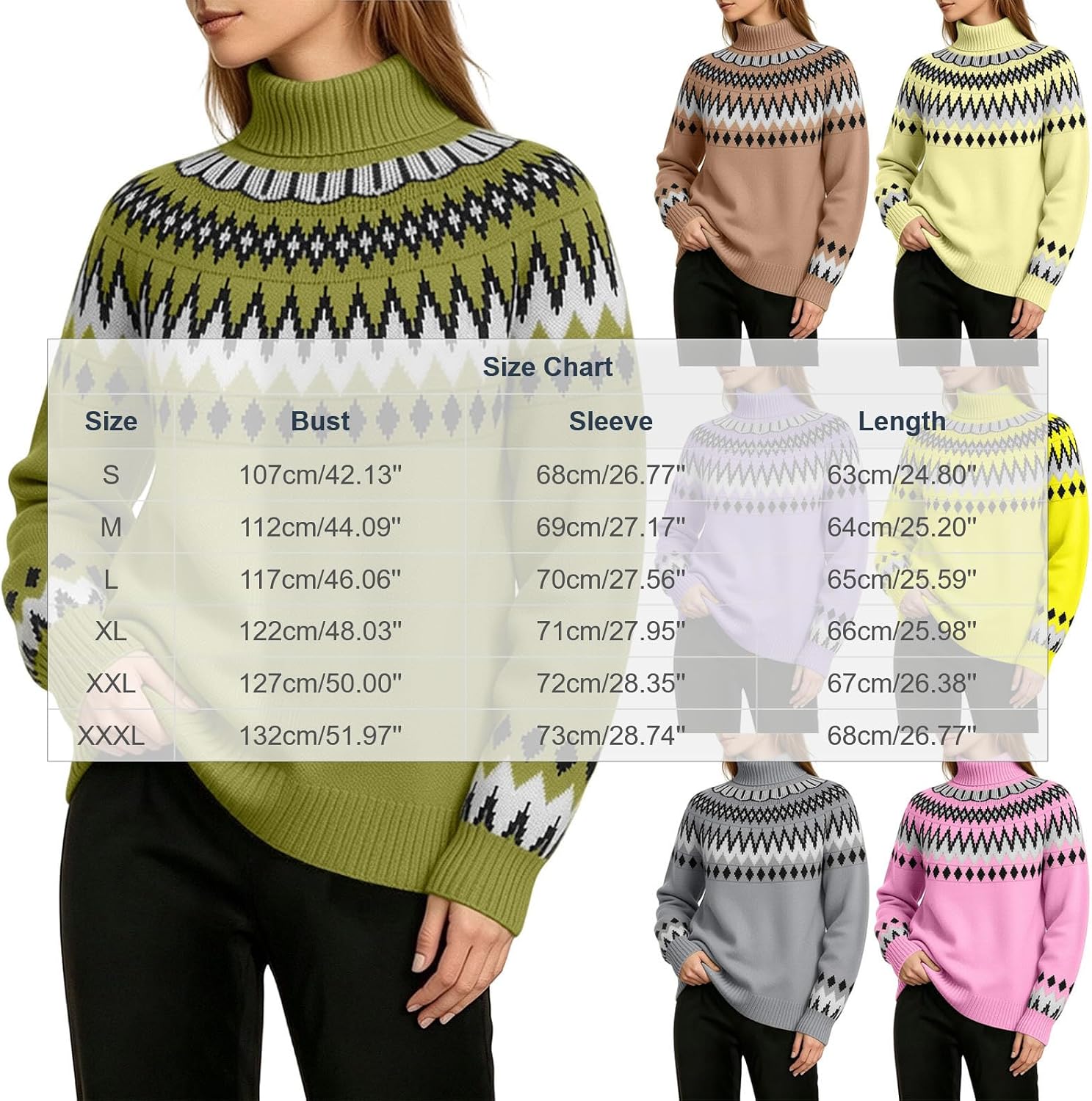 Womens Fair Isle Turtleneck Knit Sweater Long Sleeve Loose Pullover