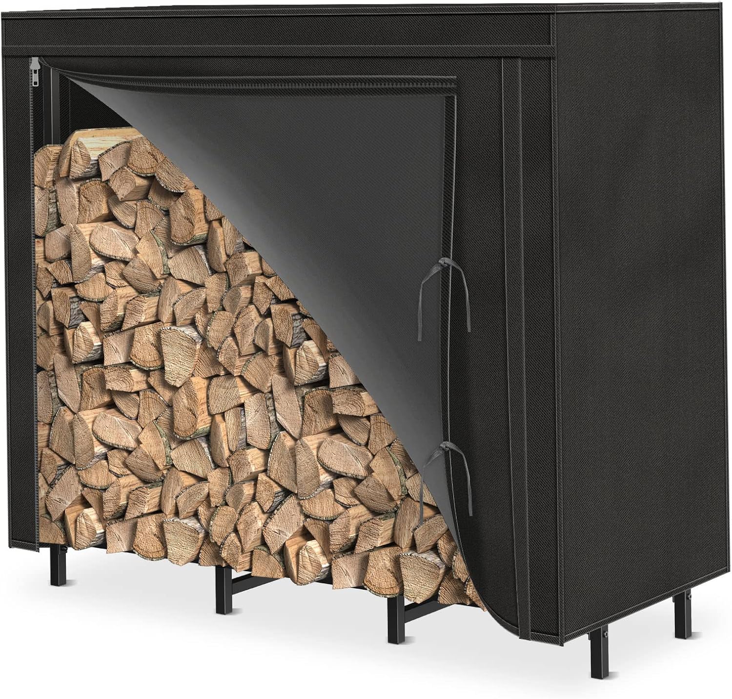 4ft Outdoor Firewood Rack with Cover Combo Set Waterproof for Wood Storage, Adjustable Fire Log Stacker Stand, Heavy Duty Firewood Holder for Fireplace Metal Lumber Storage Carrier Organizer