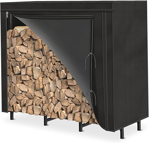 Estante de leña para exteriores de 4 pies con tapa, impermeable, para almacenamiento de madera, soporte ajustable para apilador de troncos de fuego,