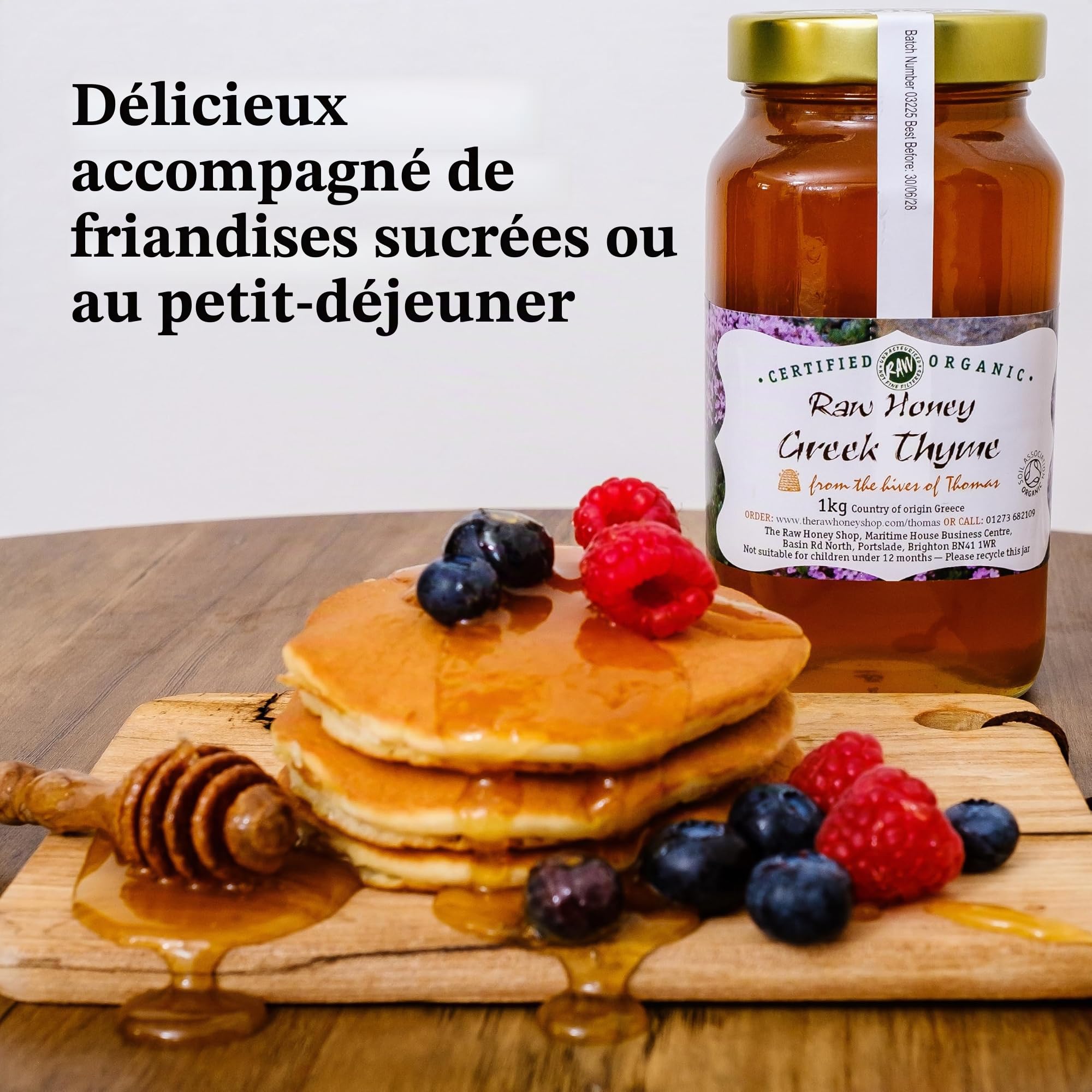 MIEL DE THYM SAUVAGE GREC BIO 1kg - 100% BRUT & NON PASTEURISÉ, Récolté dans le Péloponnèse, Arômes Herbacés & Fruités, Pressé à Froid, Filtré Grossièrement - The Raw Honey Shop