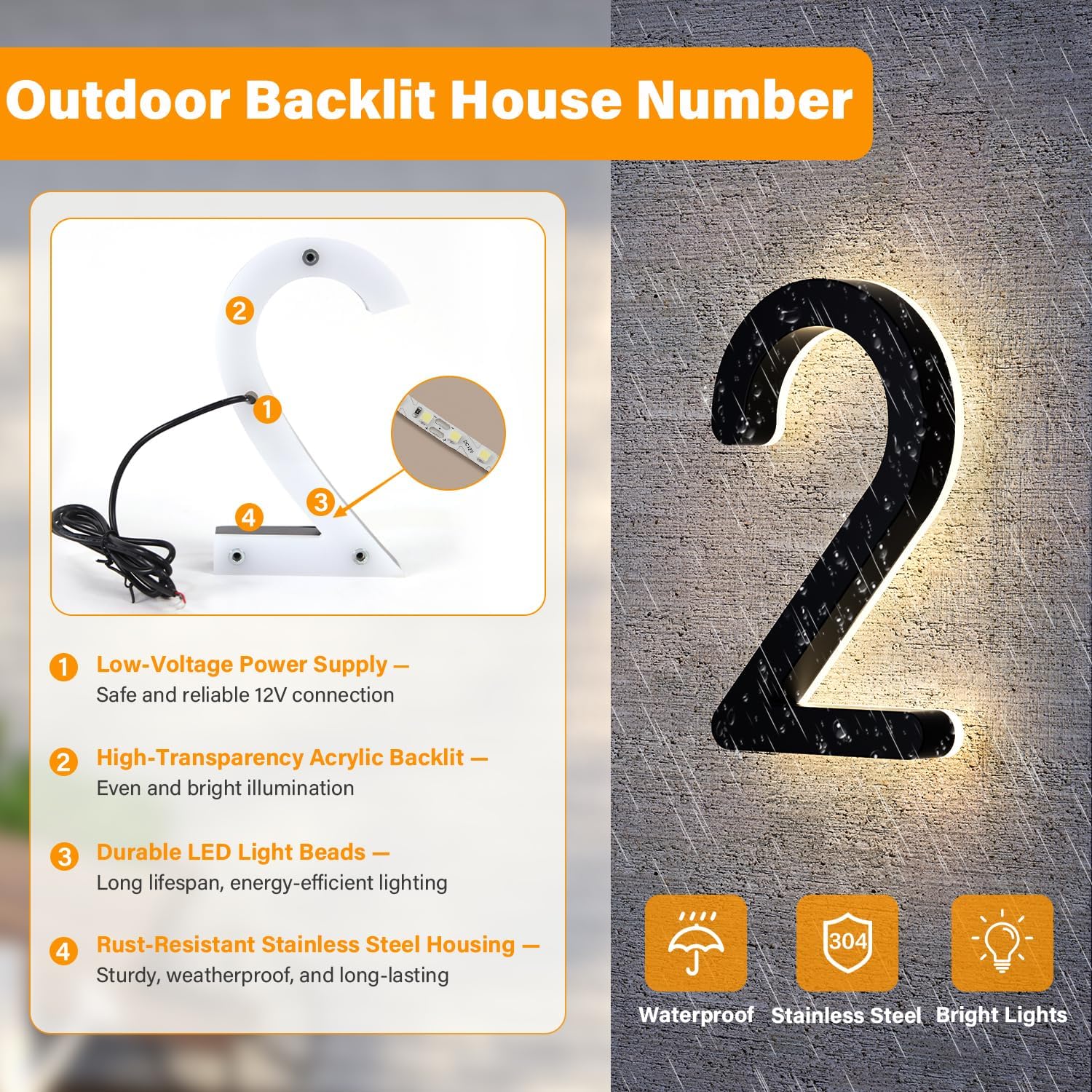 Custom LED House Numbers for outside, Personalized Backlit Address Sign, Modern Stainless Steel Lighted Home Numbers, Waterproof Outdoor LED Address Plaque, Solar or Wired Power, Multiple Colors & Fonts