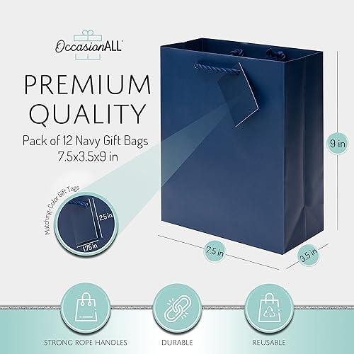 Miniatura 5 de Bolsas de regalo azules, paquete de 12 bolsas de regalo de papel azul marino medianas con asas de cuerda, bolsas de papel de color sólido de