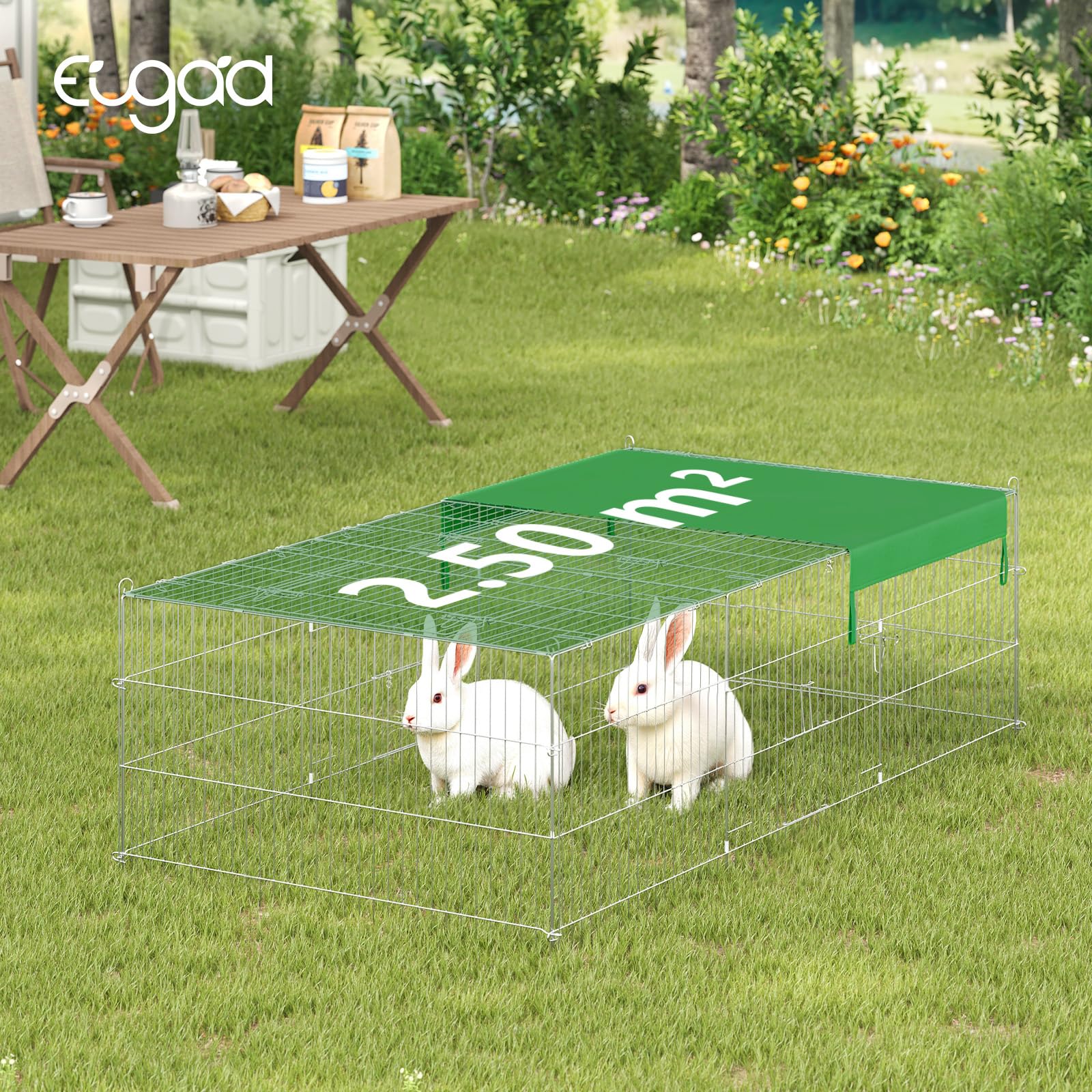 EUGAD Recinto per Piccoli Animali, Recinto per Cani da Giardino, Gabbia per Animali Domestici, Conigli, Gatti, Cuccioli, Porte con Chiavistello e Parasole, in Fili Metallici, 216x116x65cm