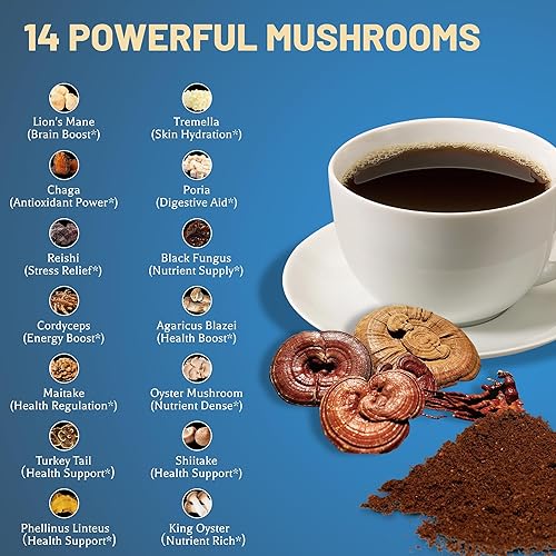 Miniatura 2 de Café en polvo de hongos 14 en 1, suplemento de hongos con melena de león, reishi, chaga, cordyceps, shiitake, aceite MCT y adaptógenos  Inmunidad de