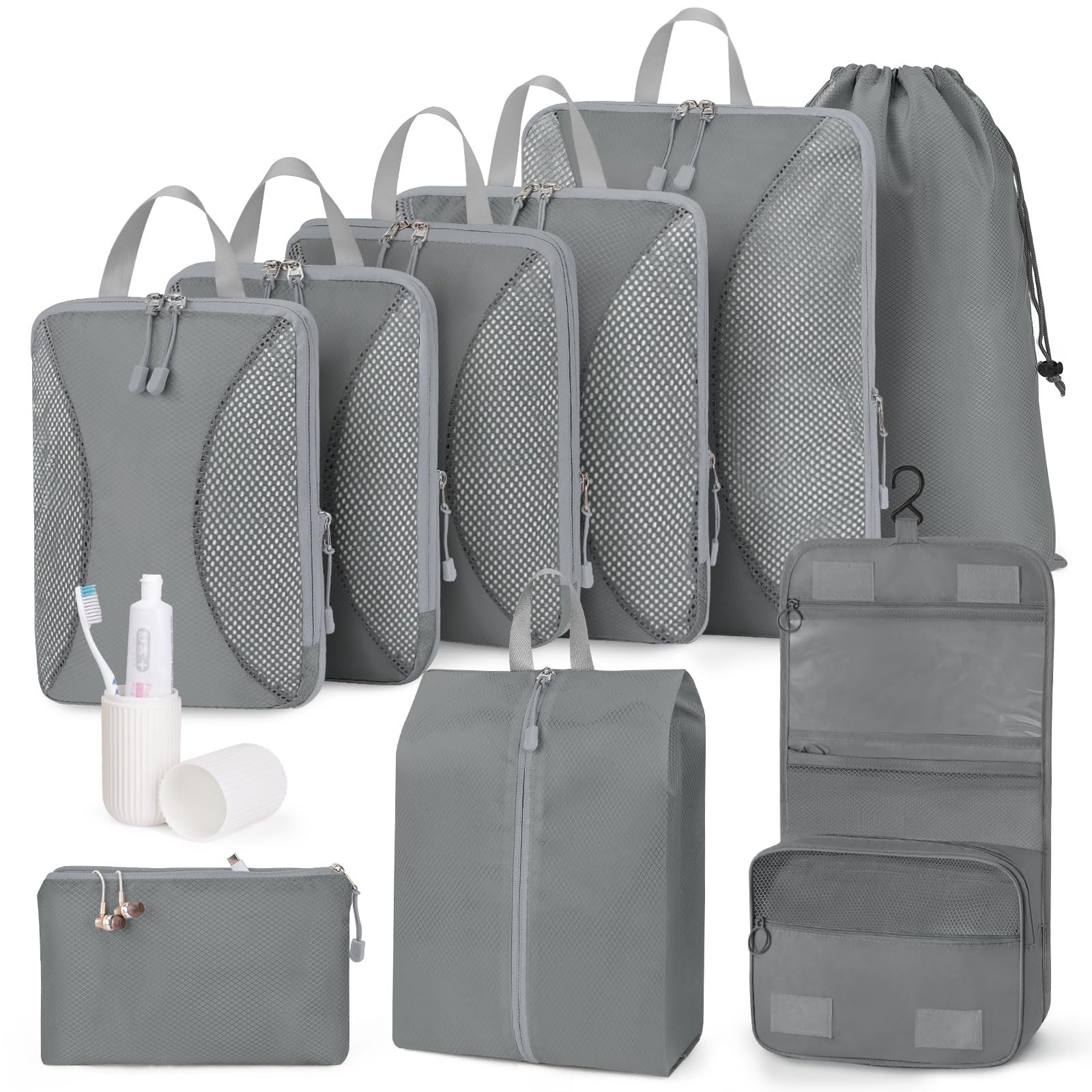 Set di 10 cubi per imballaggio a compressione, organizer per valigie, cubi da viaggio per valigie, organizer per bagagli, borse da imballaggio, accessori essenziali per le vacanze, grigio
