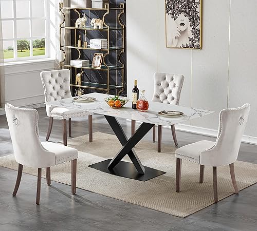 Miniatura 11 de Juego de mesa de comedor de mármol blanco para 6, 70 pulgadas, mesa de comedor de mármol blanco con 6 sillas de terciopelo beige y base de acero al