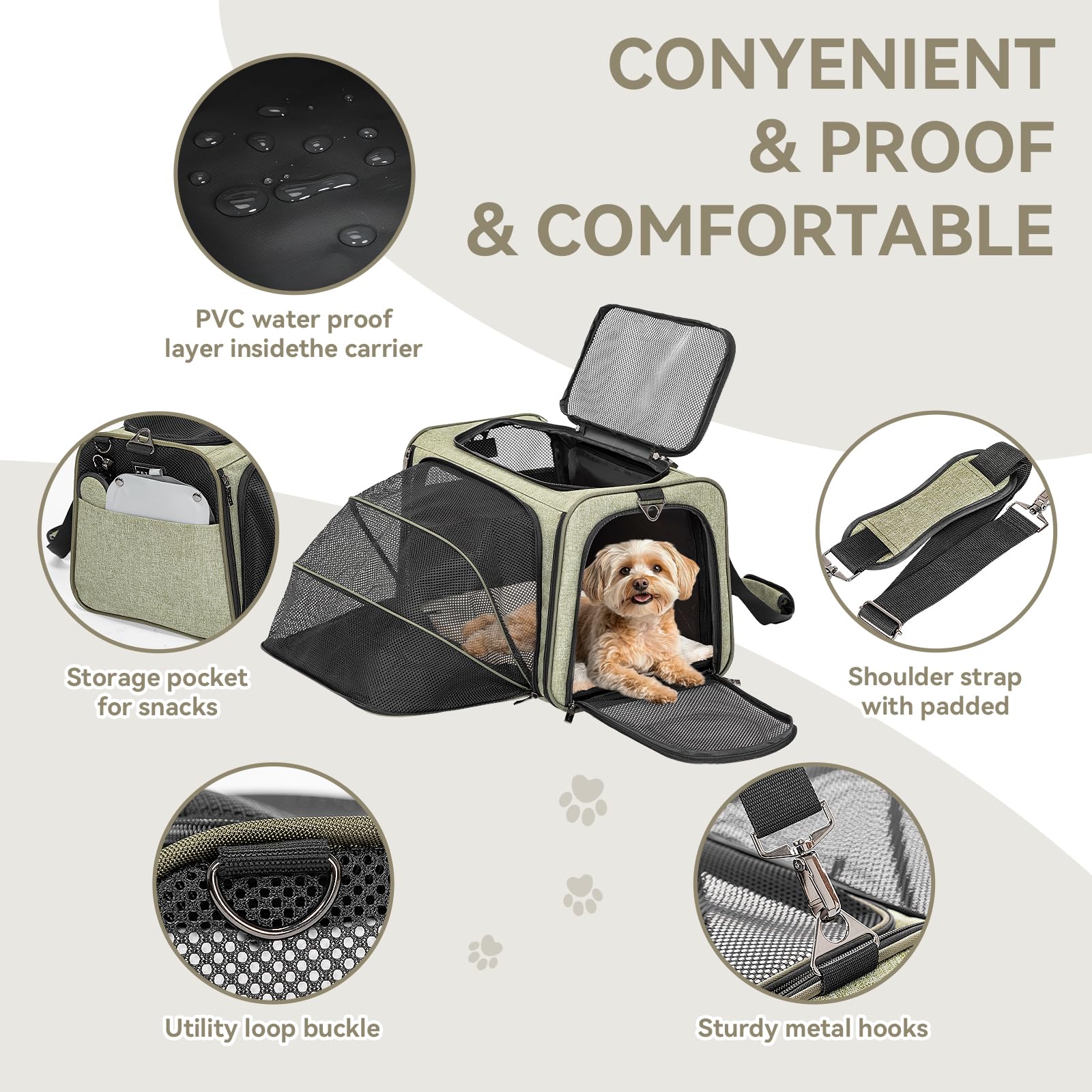 Petsfit Sac de Transport Extensible pour Chat - Deux côtés Confortables et Pliables avec Tapis en Polaire - Ouverture sur Le Dessus - Vert - 1 côté Extensible