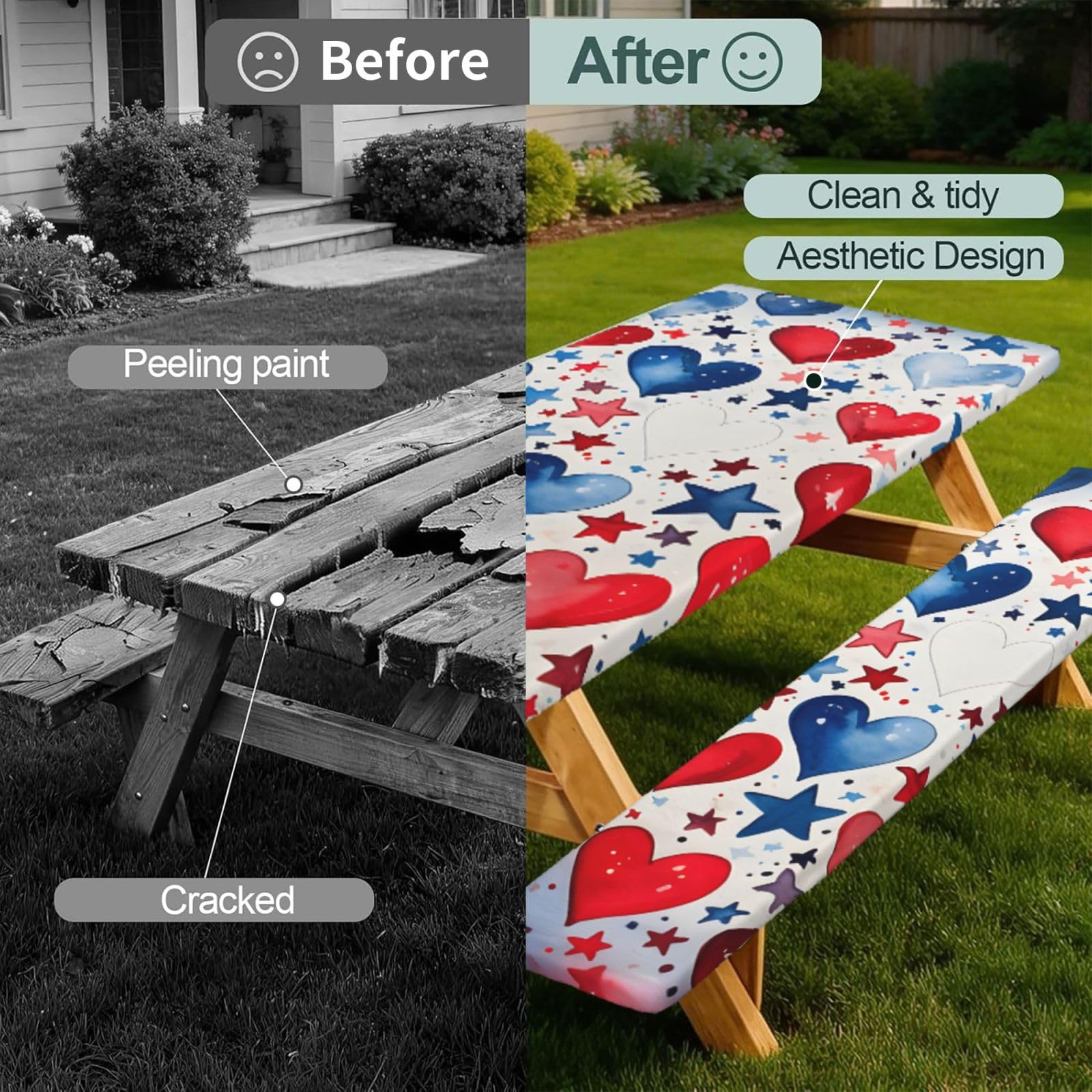 Nappe de pique-nique ajustée avec housses de banc, nappe de camping élastique et imperméable pour l'extérieur - 182,9 cm