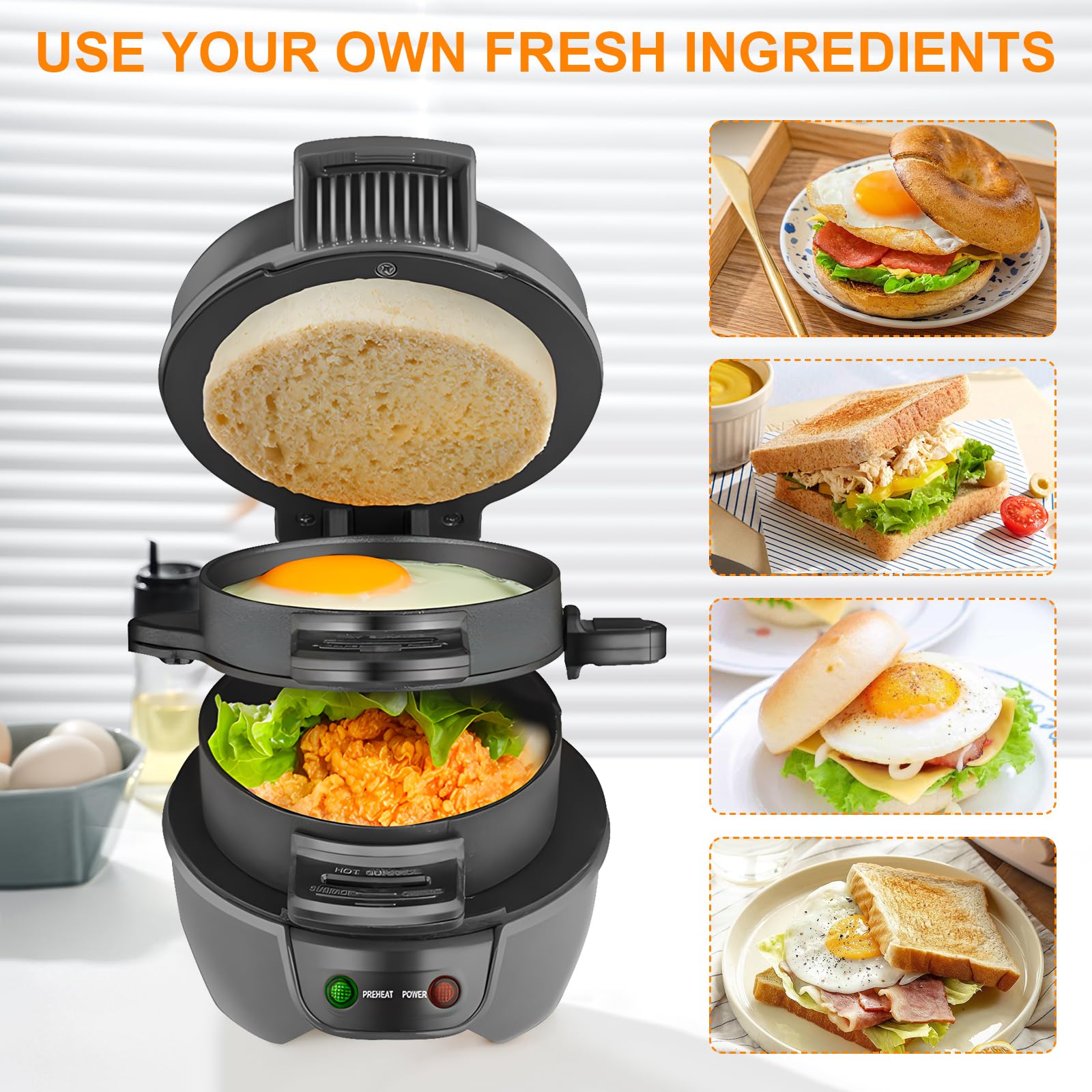 Appareils à Sandwiches, 600W Burger Maker avec revêtement antiadhésif, Grill Sandwich/Hamburger Avec Compte à Rebours Numérique, lavable au lave-vaisselle pour un petit déjeuner rapide (Gery)