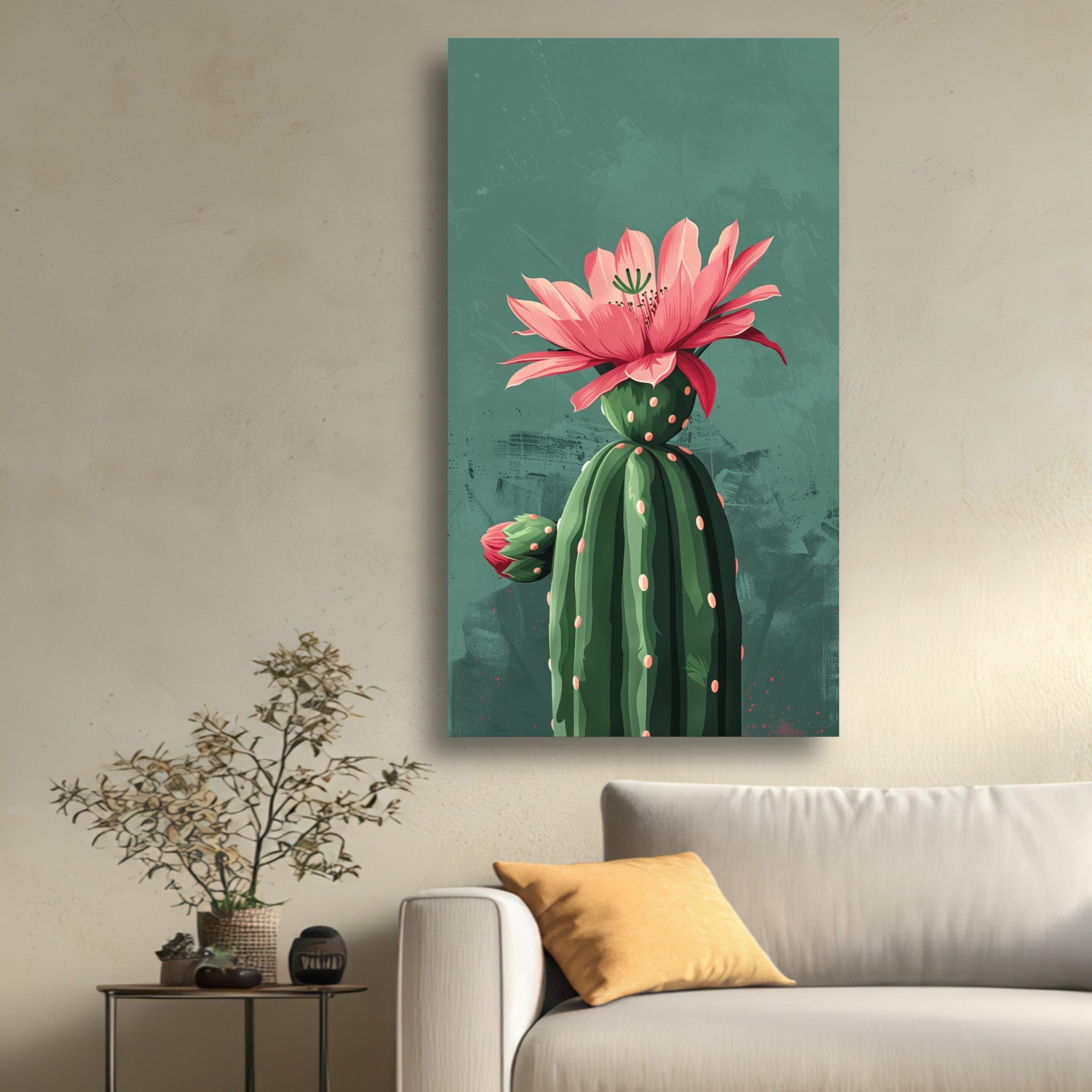 XINBAO Kwitnący kaktus płótno, kwiat pustyni sztuka ścienna, sukulenty wydruki botaniczne, nowoczesny obraz natury, akcent do dekoracji domu (60 x 105 cm / rama wewnętrzna)