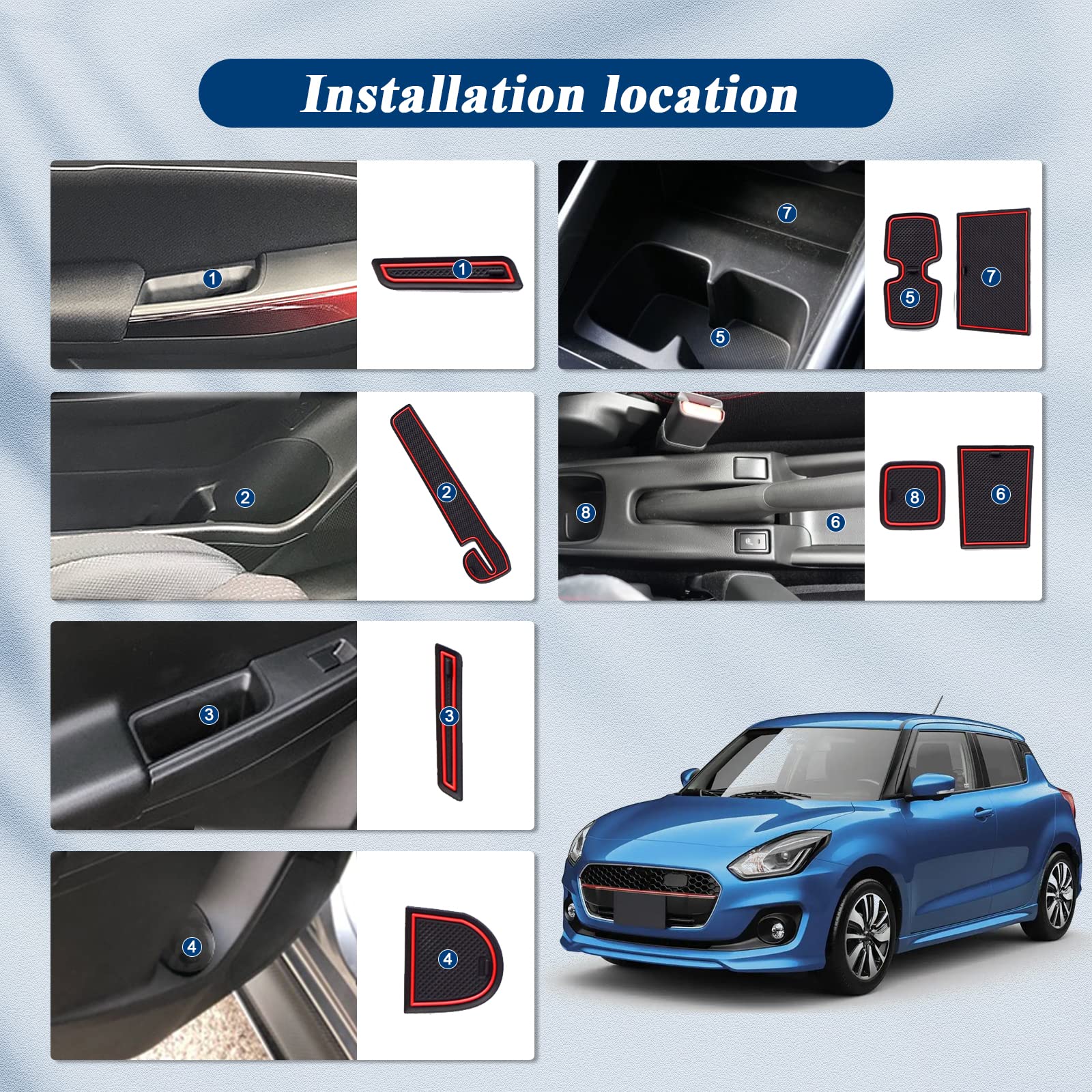 BIBIBO Suzuki Swift gumowe maty samochodowe, akcesoria do wkładek kompatybilne z Suzuki Swift / Sport/Hybrid 2017-2022, wkładki do kubków i konsola środkowa drzwi antypoślizgowa mata