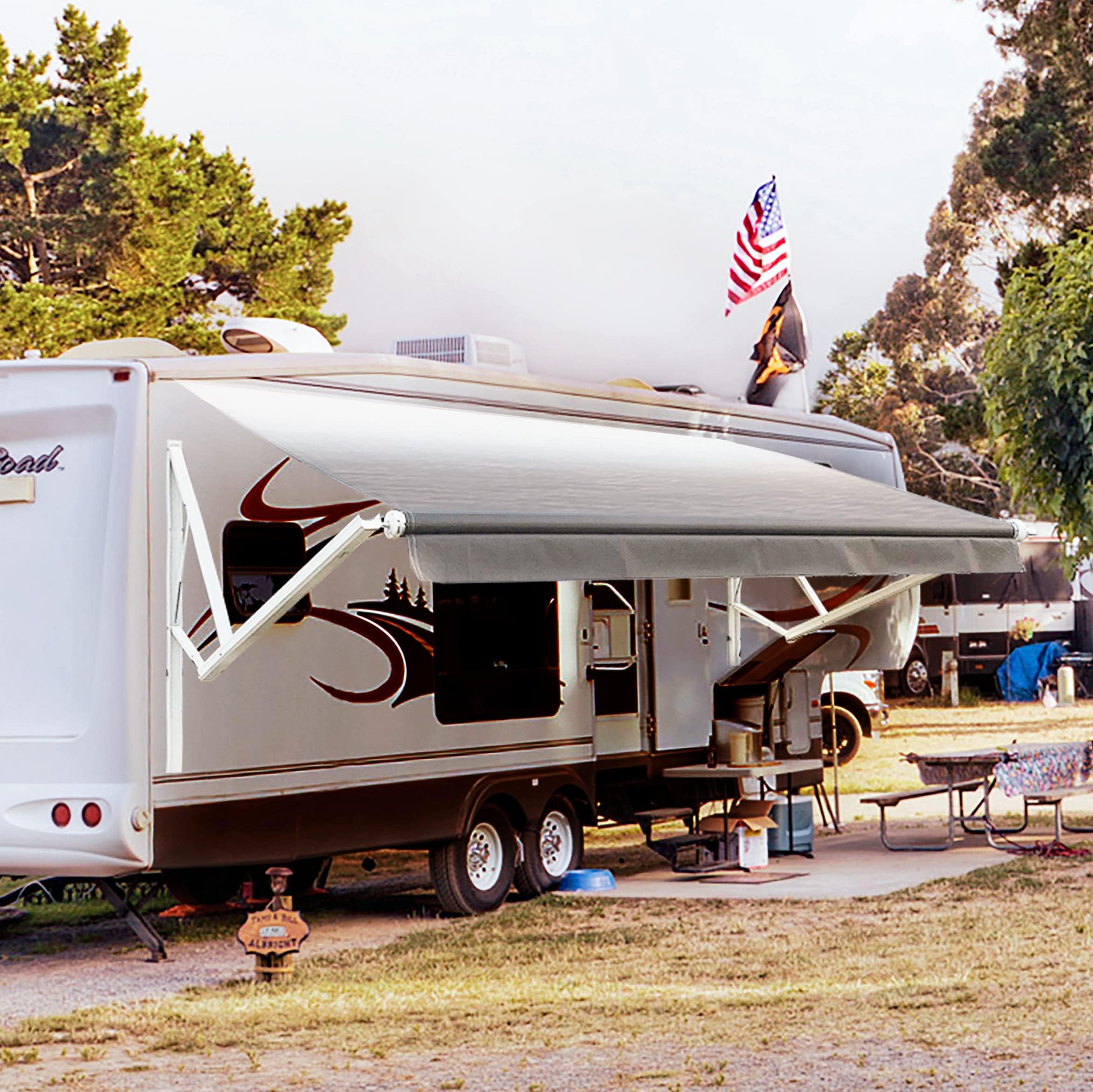 Awnlux White Motorized Modular Retractable RV Awning Full Set Assemblies for RV, 5th Wheel, Travel Trailers, Toy Haulers, and Motorhome - RV Trailer Awning for Home or Camper- 15x8 Ft-Grey Fade-