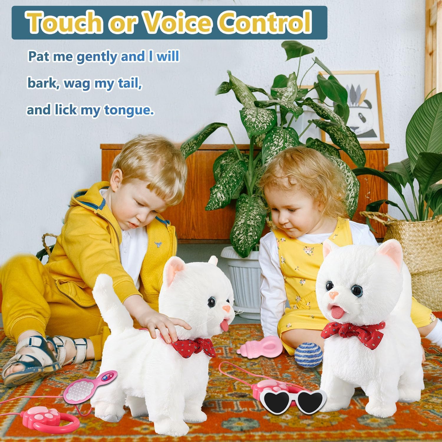 Marsjoy White Leash Walking Cat Set Interactive Talking Cat Singing Dancing Kitten Mimicking Repeat What You Say Kitty Touch and Voice Control Nodding Wagging Tail Plush Electric Kitty for Kid Girl - Image 4
