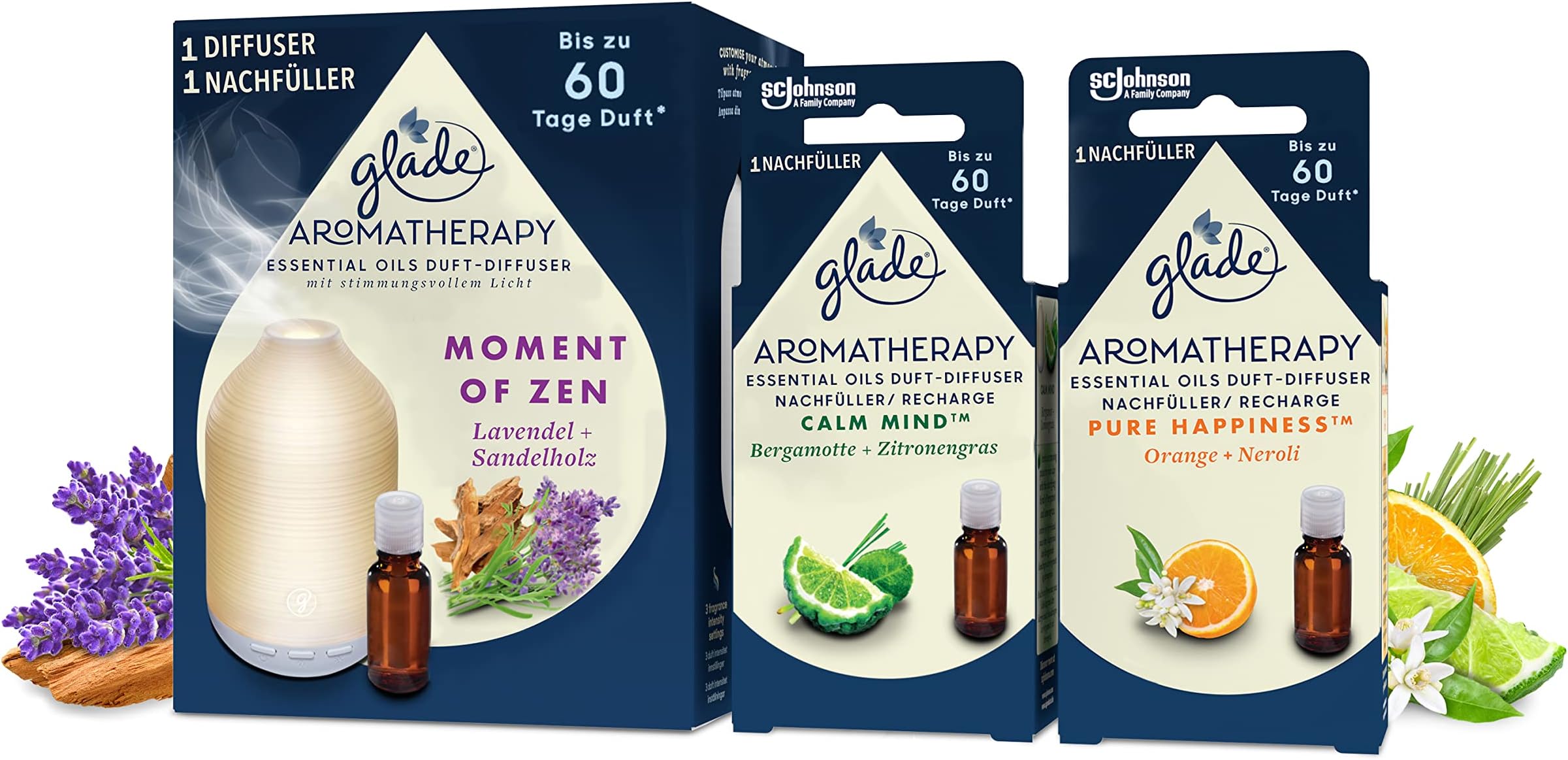 Glade Aromatherapy Essential Oils DuftDiffuser Starterset Nachfüller, Moment of Zen, Lavendel