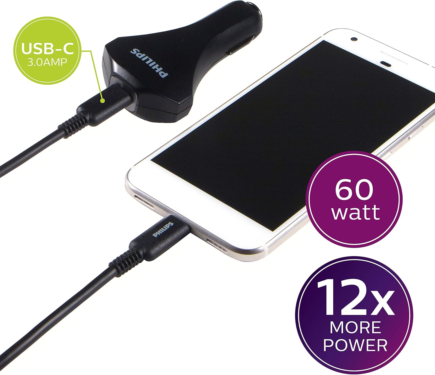 Philips 60W USB-C Laptop/Phone/Tablet Car Charger, Power Delivery, for Type C Laptops, MacBook, iPad Pro, iPhone, Galaxy, Pixel and More, Great for Travel, DLP2759Q/37