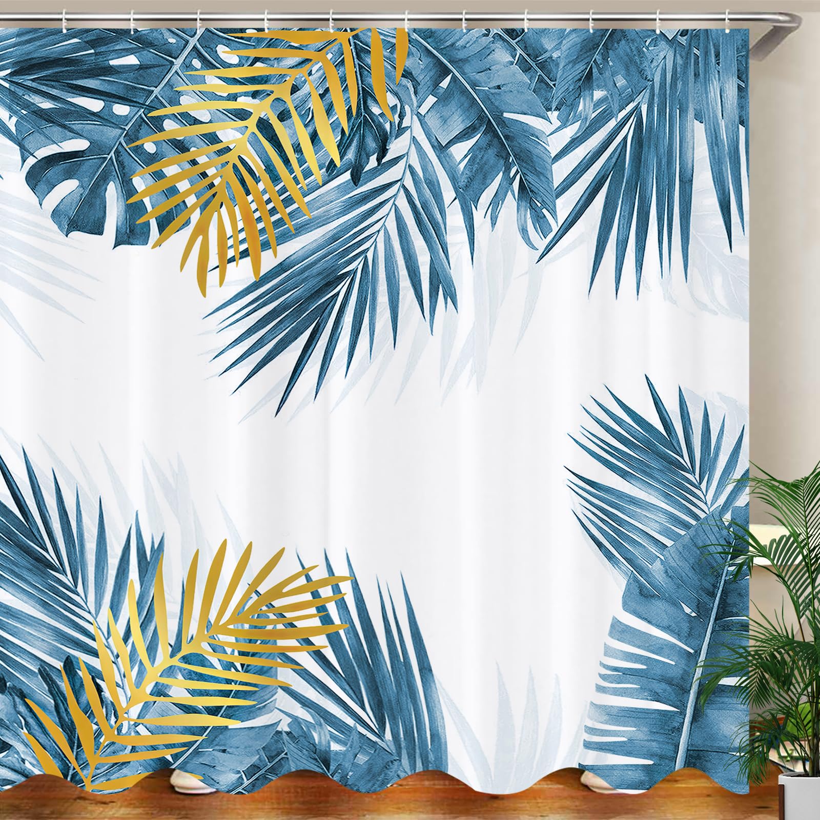 JOOCAR Blue Leaf Shower Curtain for Bathroom Blue Gold Tropical Plam Leaf Plant Curtain Polyester Fabric Waterproof Shower Curtain Set including 12 Hooks