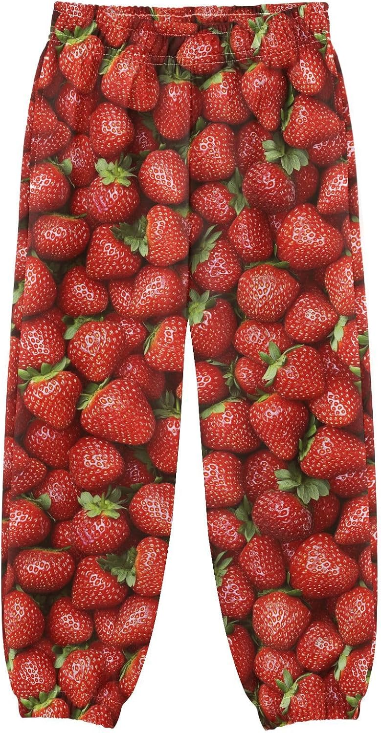 Boy Sweatpants Strawberry Fruits Red Joggers Casual Athletic Pants Kids Elastic Waist Cuffed with Pockets