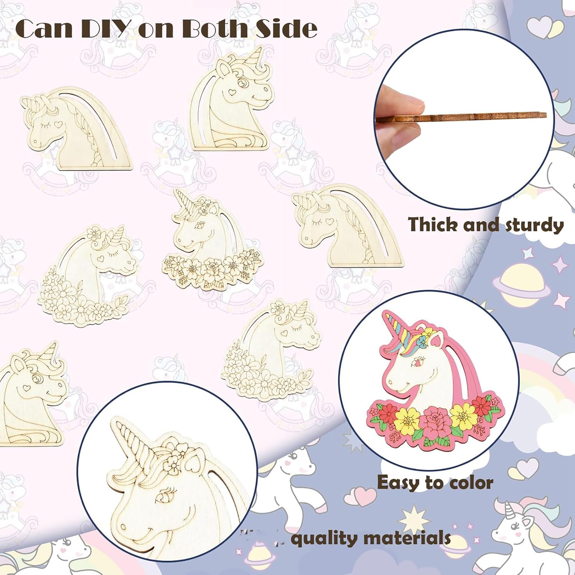 Cliths Pack of 20 Wooden Unicorn Head Cutouts Graffiti Flower, Heart, Animal Shapes for DIY Crafts Unfinished Wooden Blank for Home Decor, Card Making, Wreaths 1