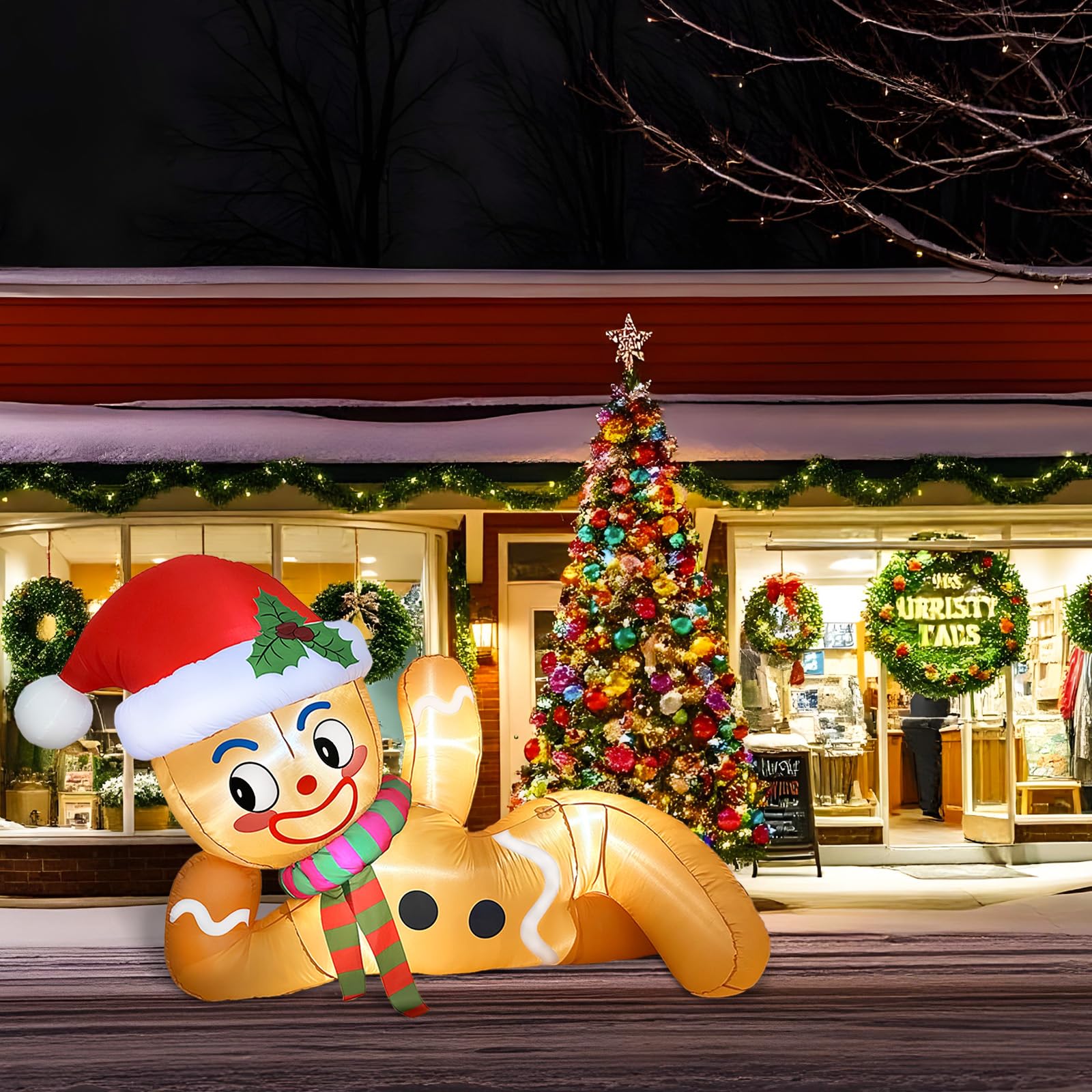 300 cm Aufblasbare Weihnachtsdeko Außen, liegender Weihnachtsdeko Aufblasbar Aussen Lebkuchenmann mit Integrierten LED Lichtern, Weihnachten Aufblasbar für Garten Rasen Hof Party Deko