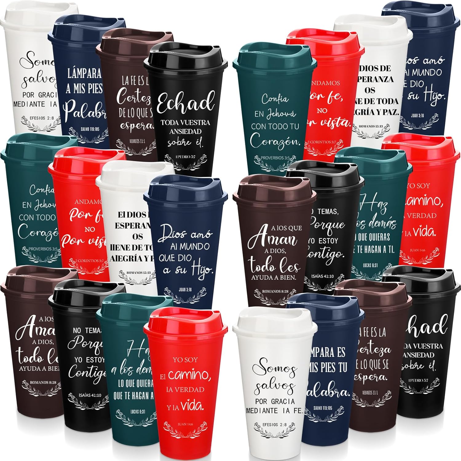 Zhehao Spanish Bible Verse Tumblers Bulk, 16 oz Reusable Plastic Coffee Cups with Lids, Christian Scripture Drinking Cups for Church Events, Teacher Appreciation, Spring Gifts(Basic,48)